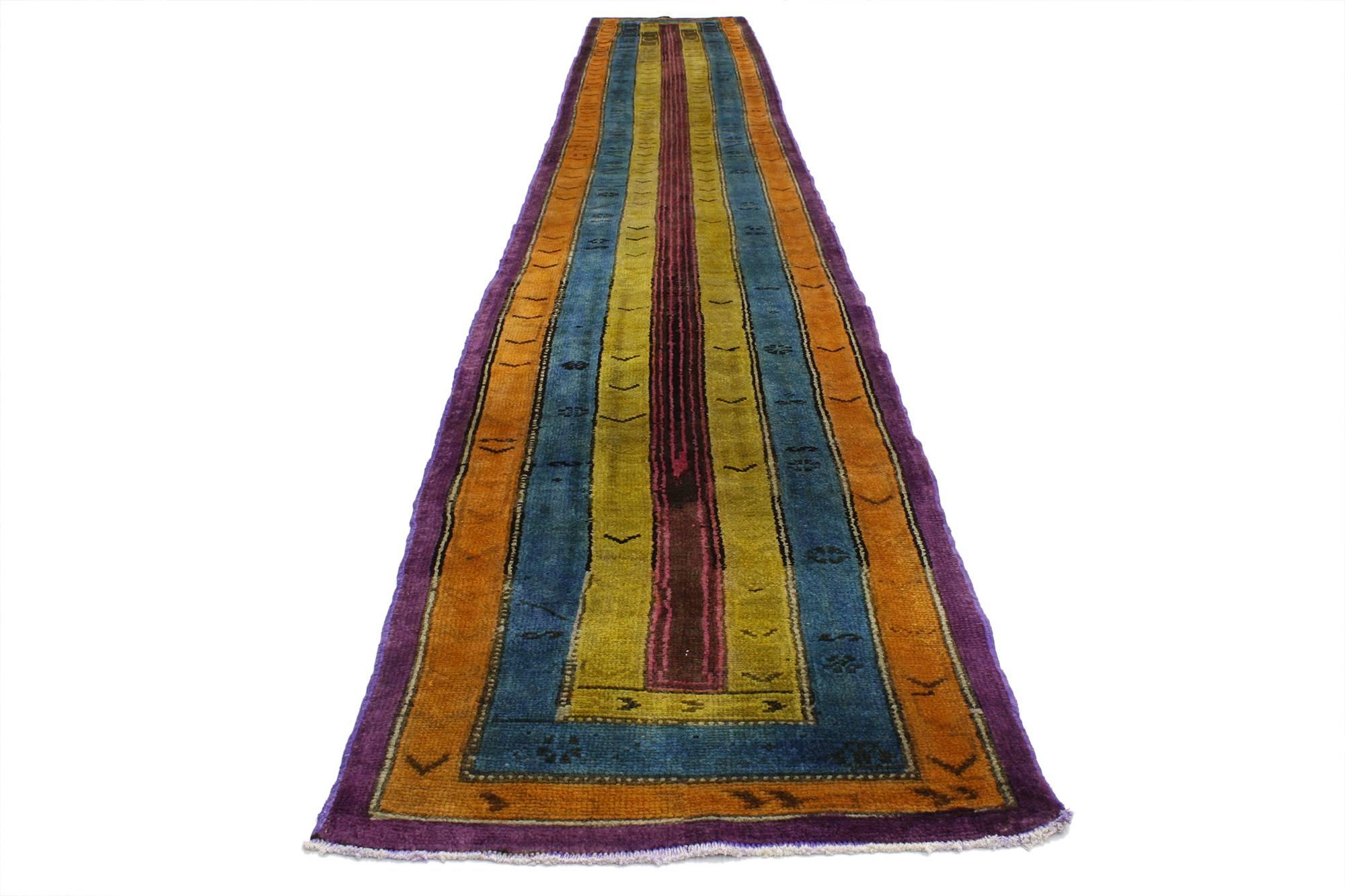 Hand-Knotted Vintage Turkish Oushak Long Hallway Runner with Art Deco Style For Sale