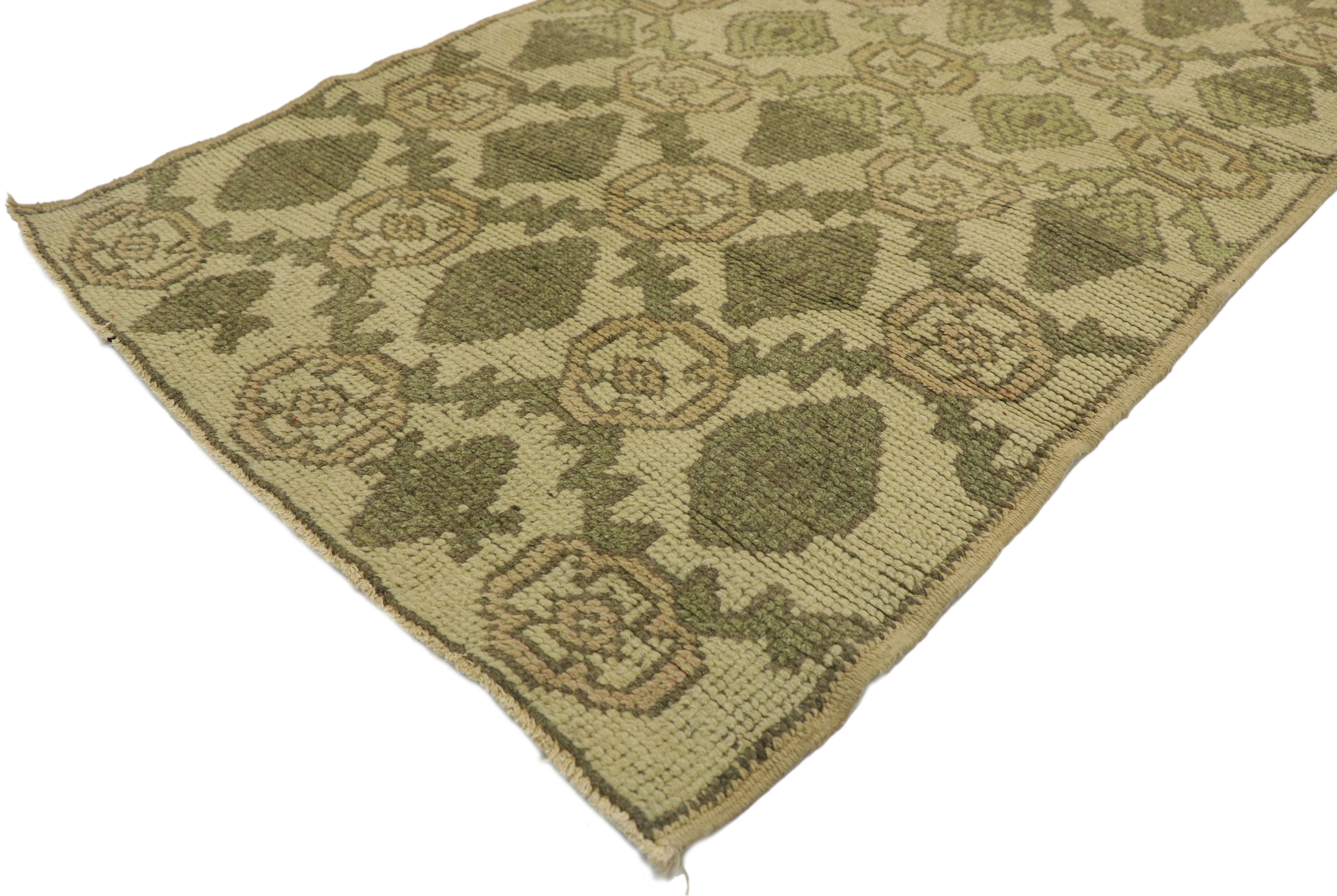 51048 Vintage Turkish Oushak Runner with Queen Anne Late ​Victorian Style, Extra-Long Hallway Runner 02'02 x 18'02. Make pass-through spaces pretty with this hand-knotted wool vintage Turkish Oushak runner. This Victorian style extra-long hallway