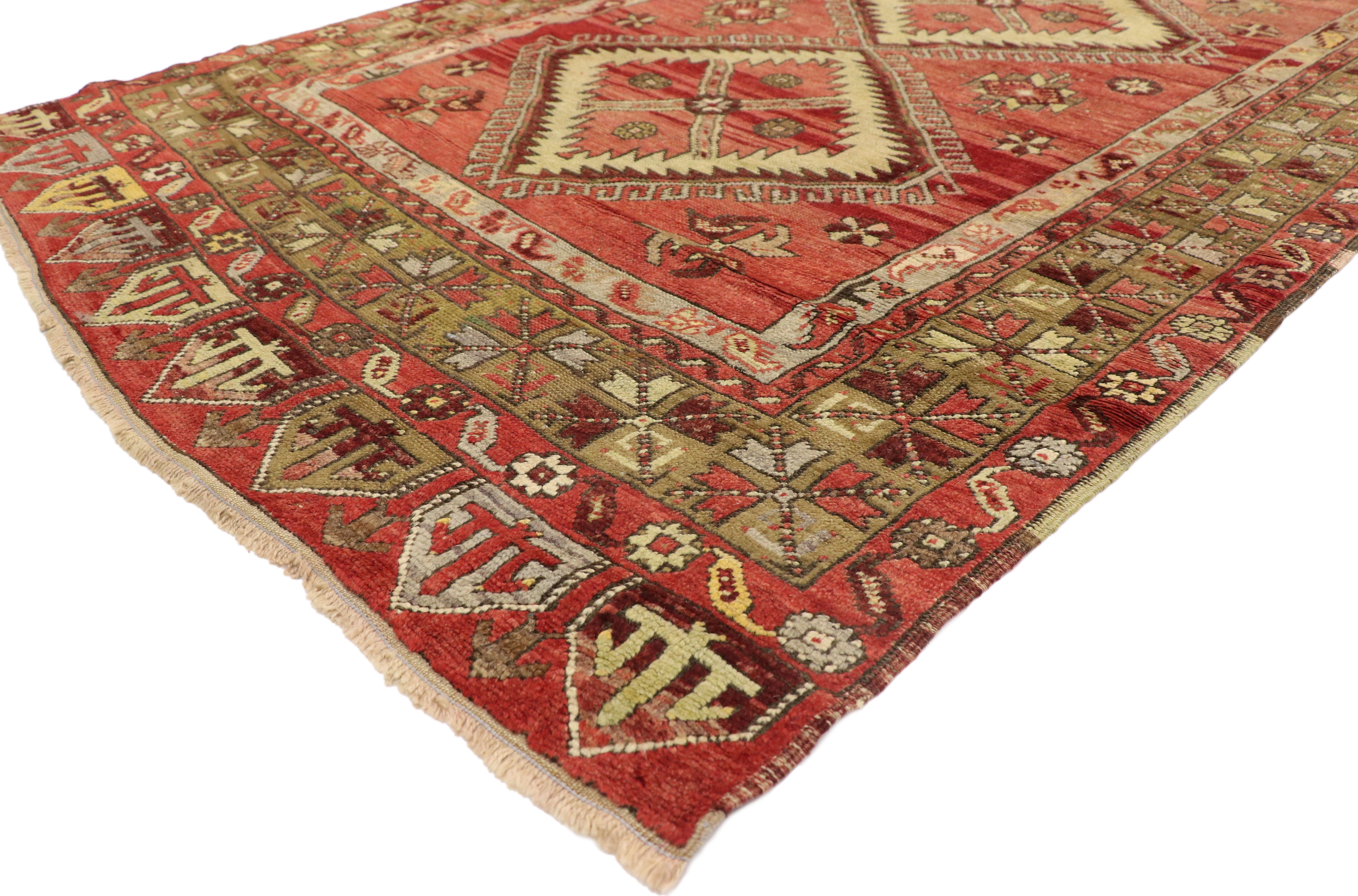 50868 Vintage Turkish Oushak Runner with Mid-Century Modern Tribal Style, Extra-Long Hallway Runner 05'00 x 20'06. With its mid-century modern style and nomadic tribal vibes, this hand-knotted wool vintage Turkish Oushak runner showcases an intense