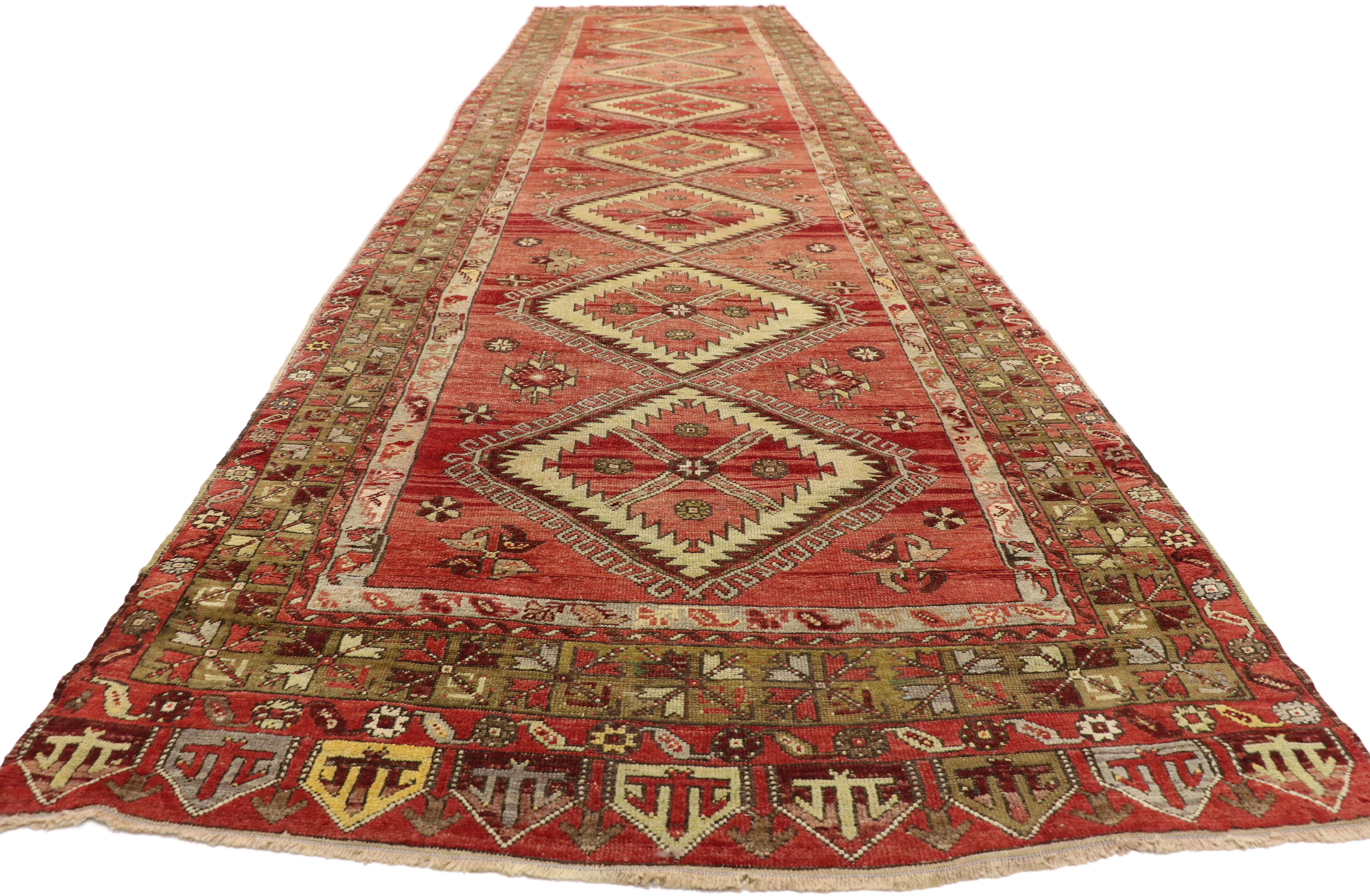 Persian Vintage​ Turkish Oushak Long Runner with Mid-Century Modern Tribal Style  For Sale