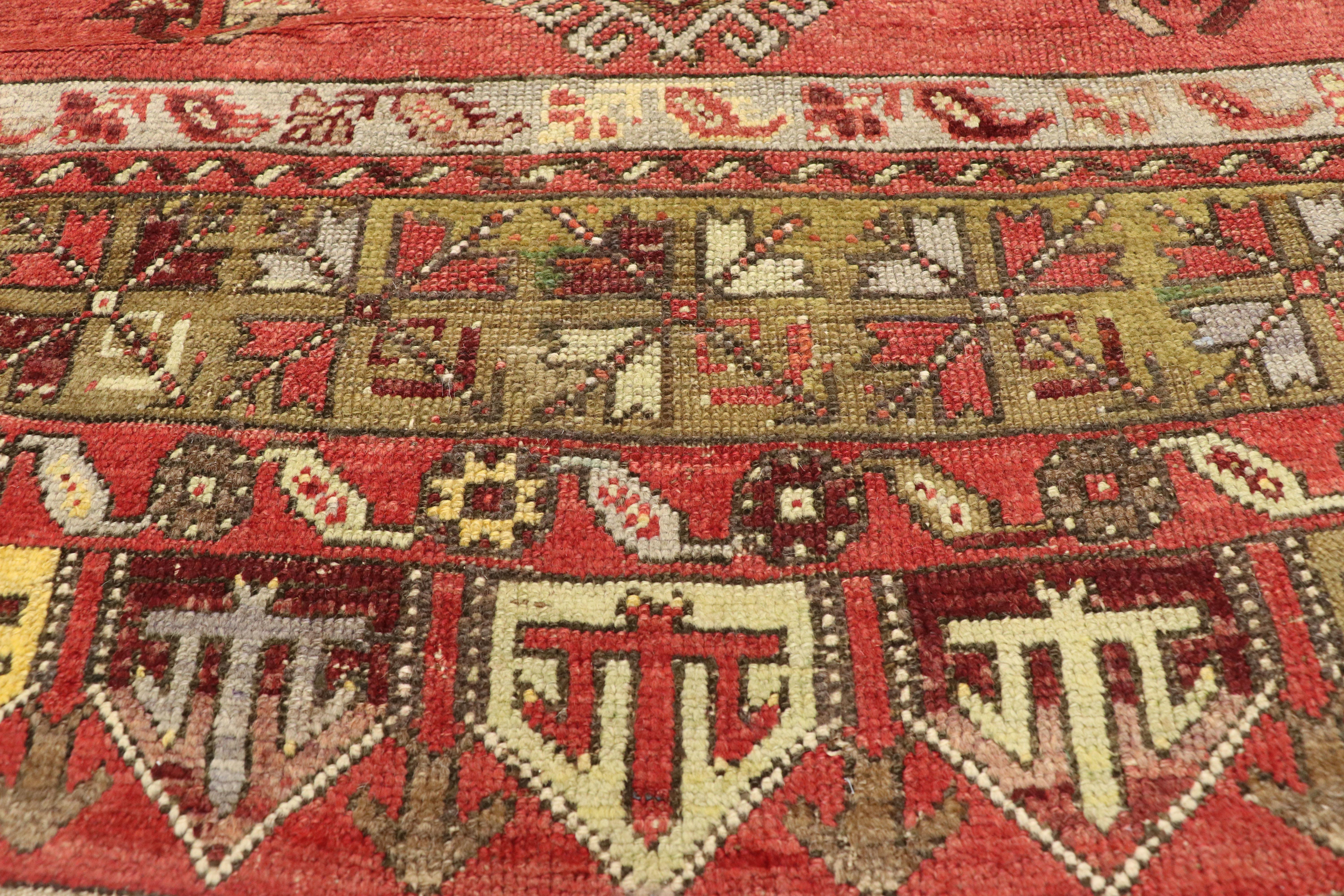 Hand-Knotted Vintage​ Turkish Oushak Long Runner with Mid-Century Modern Tribal Style  For Sale