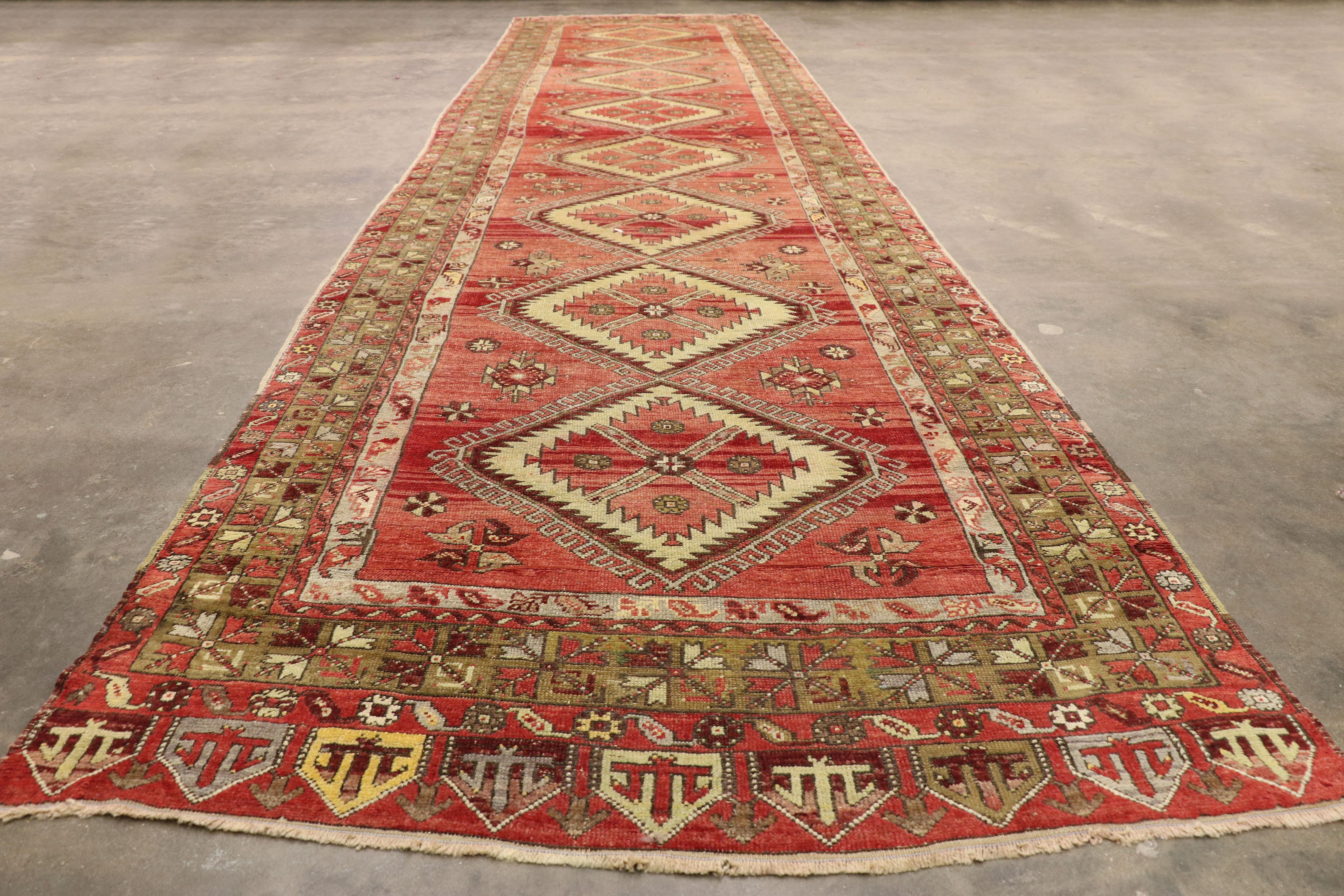 Wool Vintage​ Turkish Oushak Long Runner with Mid-Century Modern Tribal Style  For Sale
