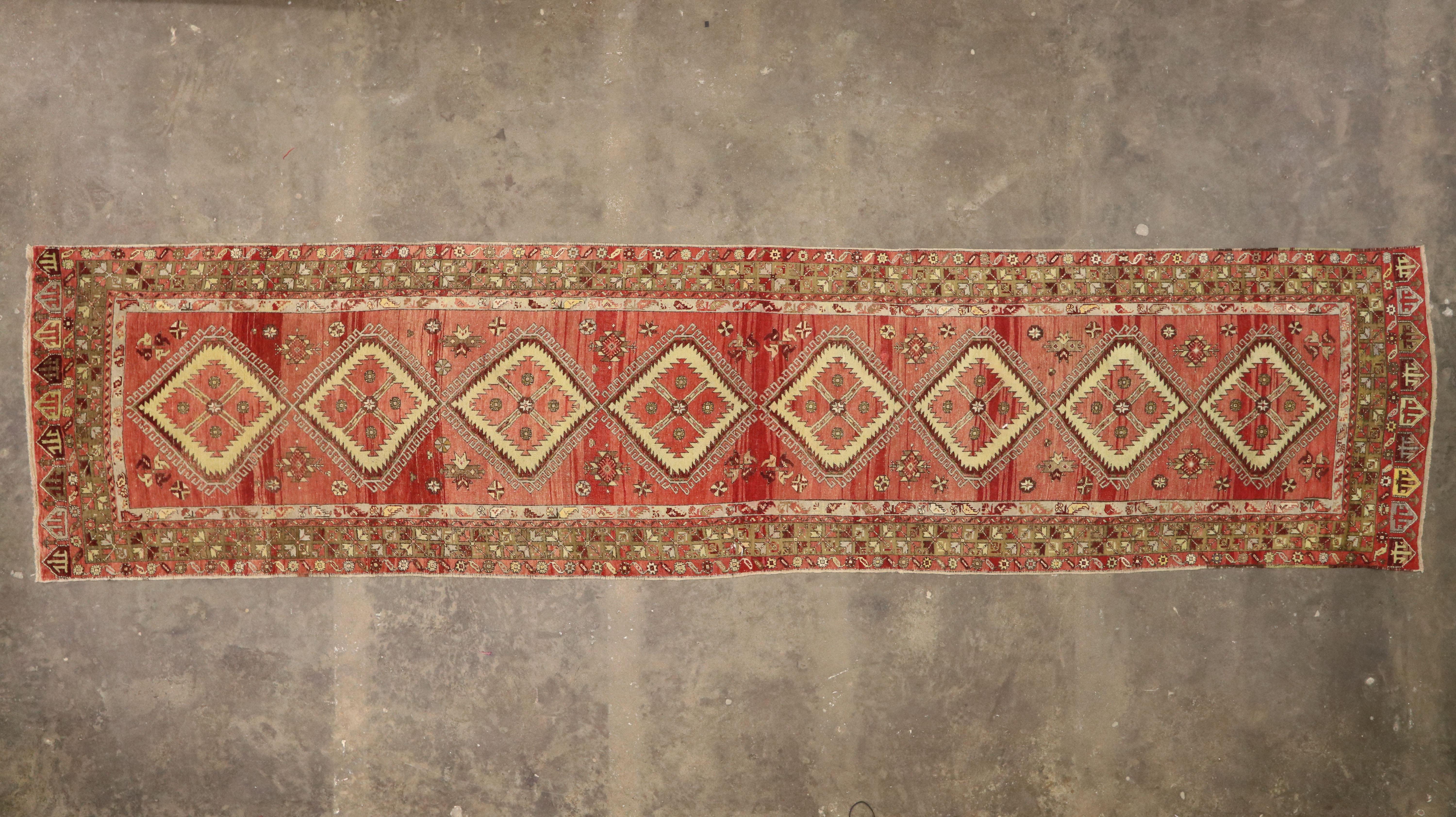 Vintage​ Turkish Oushak Long Runner with Mid-Century Modern Tribal Style  For Sale 1