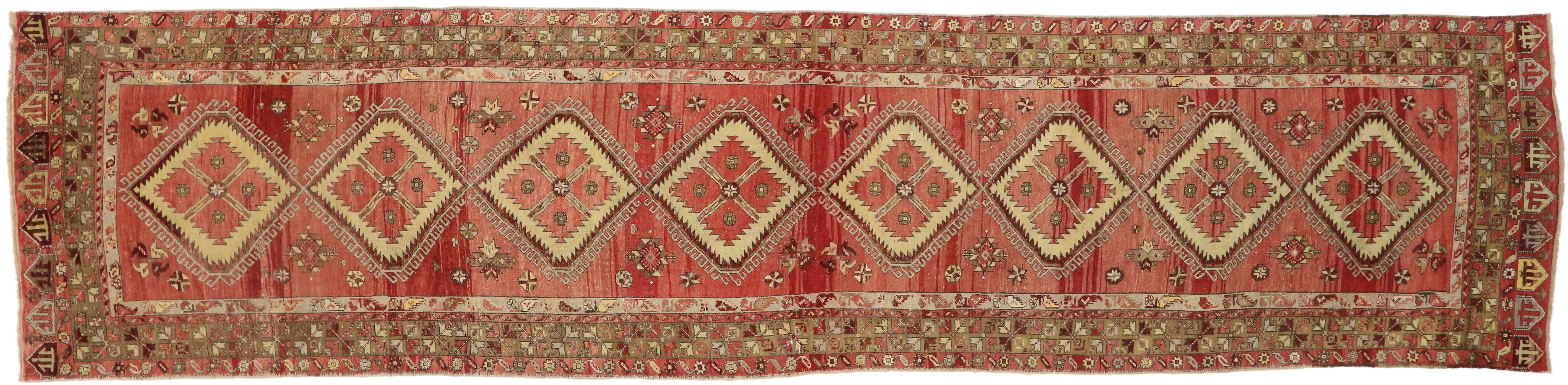 Vintage​ Turkish Oushak Long Runner with Mid-Century Modern Tribal Style  For Sale 2