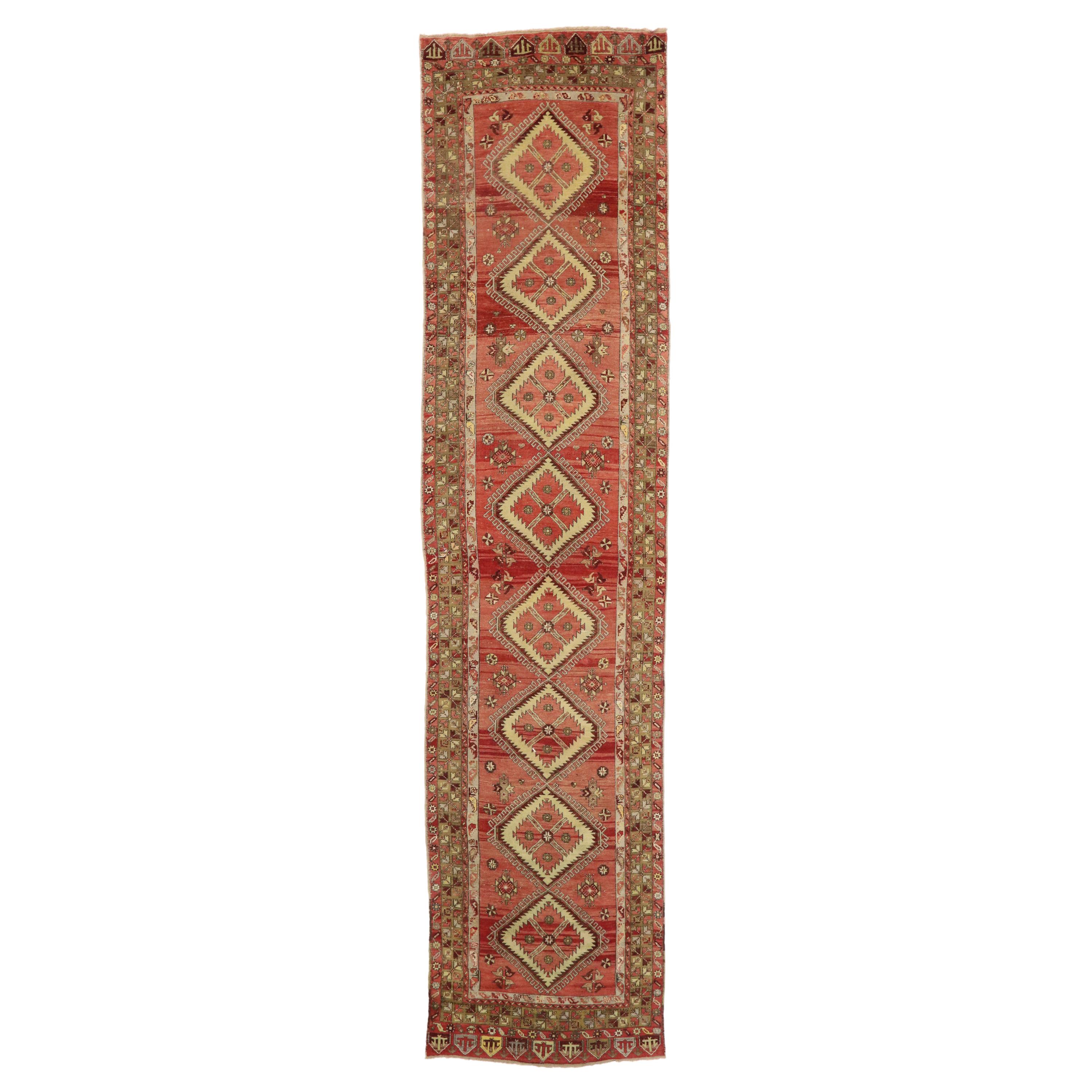 Vintage​ Turkish Oushak Long Runner with Mid-Century Modern Tribal Style  For Sale