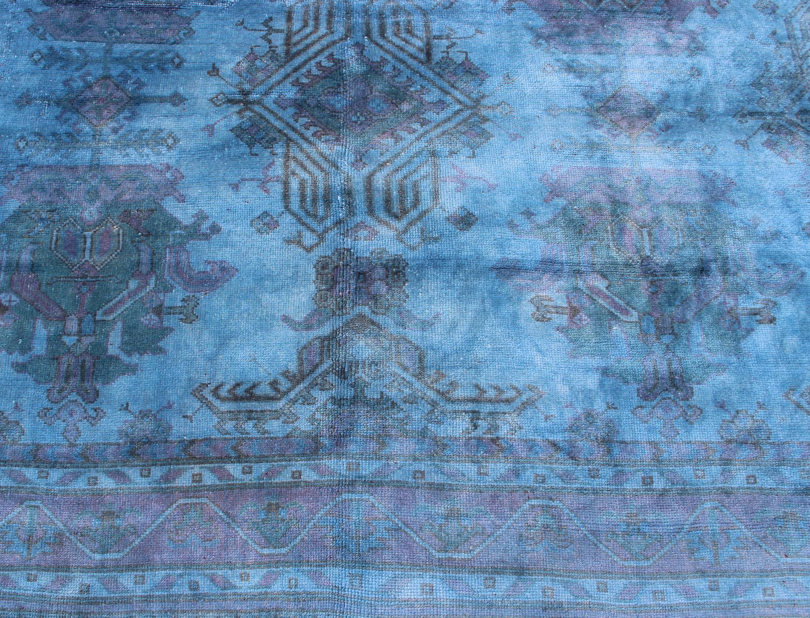 Vintage Turkish Oushak Over-Dyed in Blue Color For Sale 4