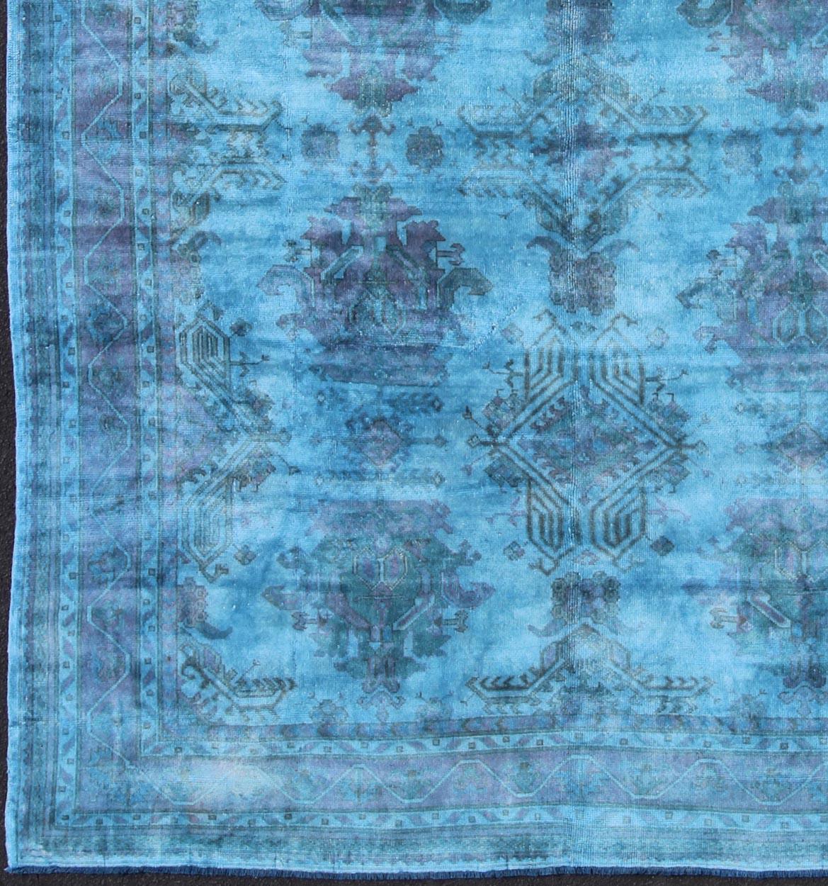 Hand-Knotted Vintage Turkish Oushak Over-Dyed in Blue Color For Sale