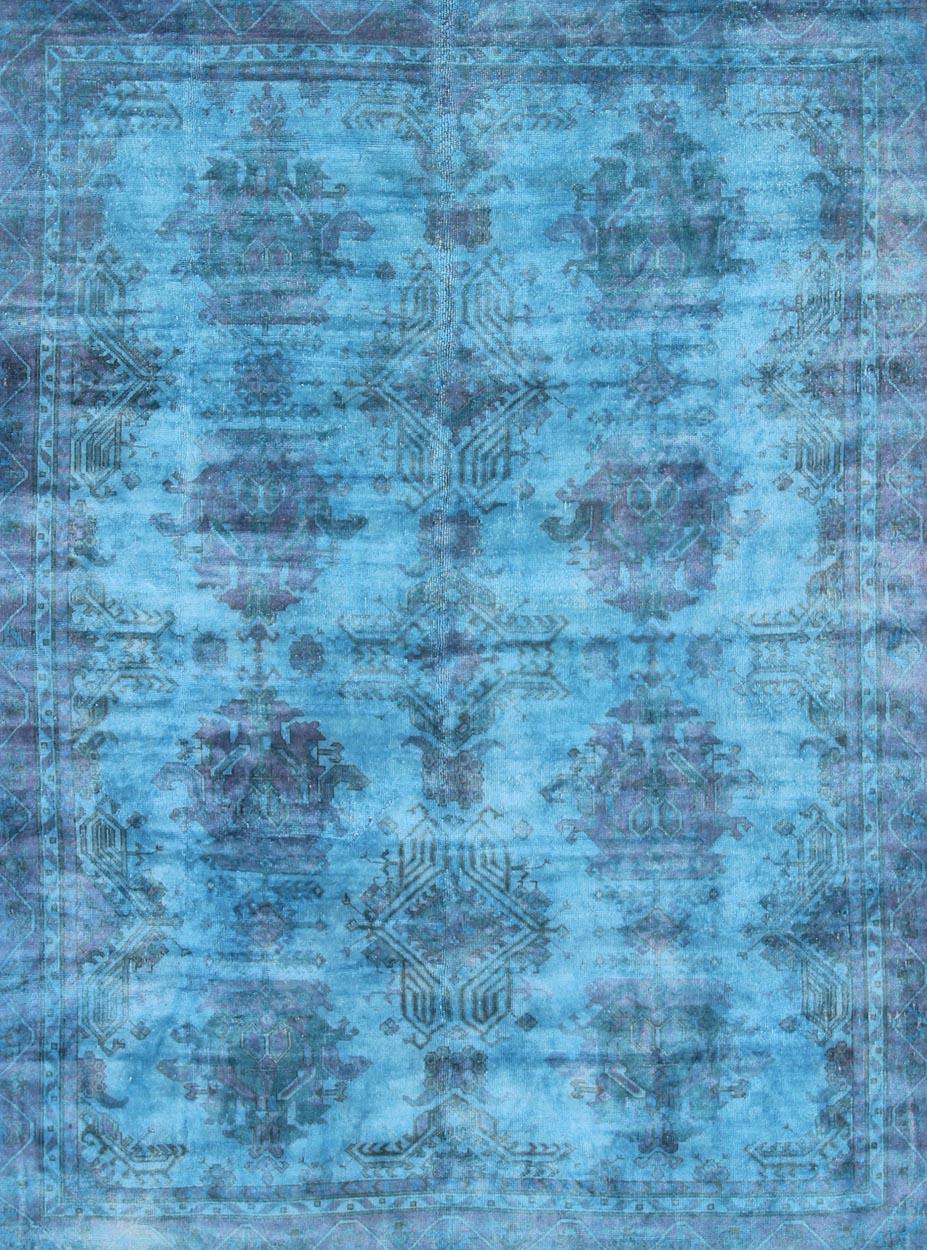 Vintage Turkish Oushak Over-Dyed in Blue Color In Good Condition For Sale In Atlanta, GA