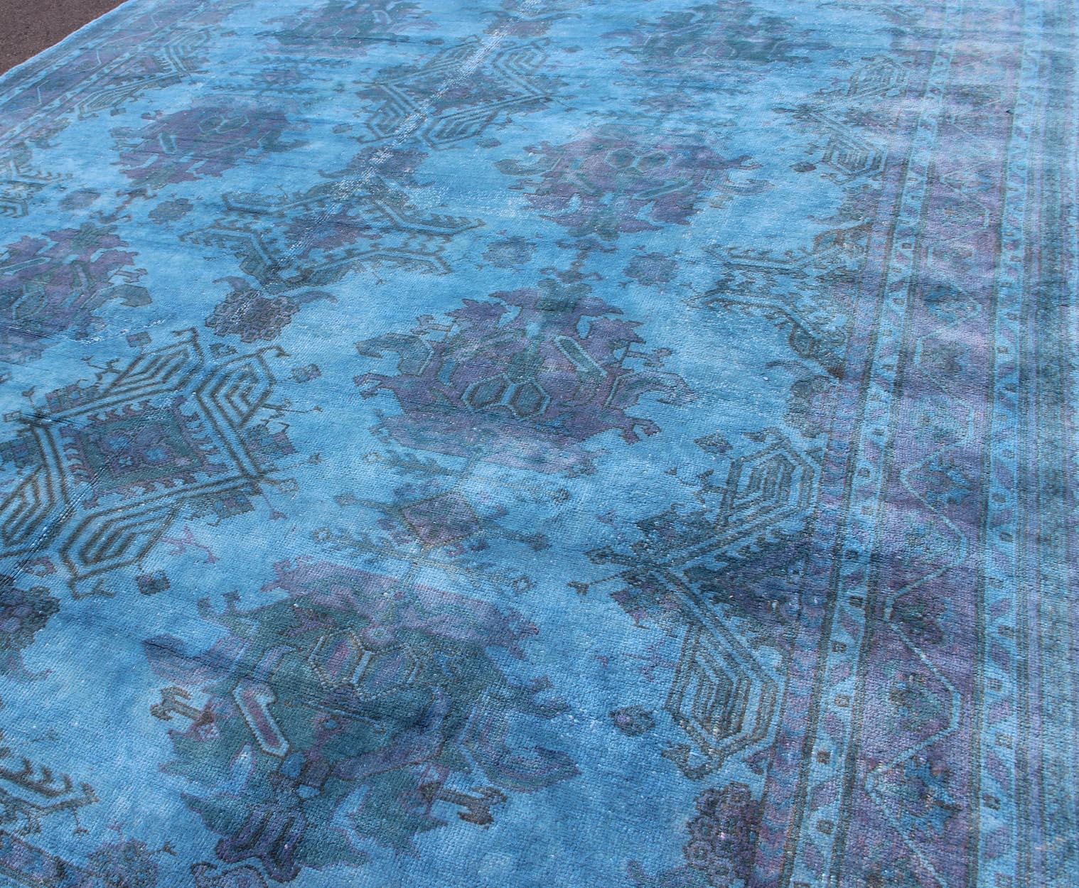 Late 20th Century Vintage Turkish Oushak Over-Dyed in Blue Color For Sale