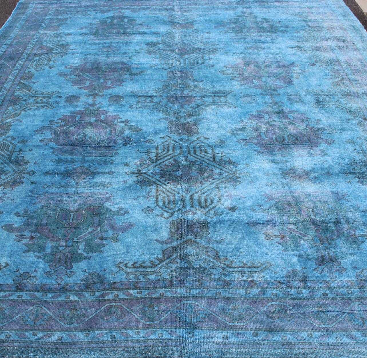 Wool Vintage Turkish Oushak Over-Dyed in Blue Color For Sale