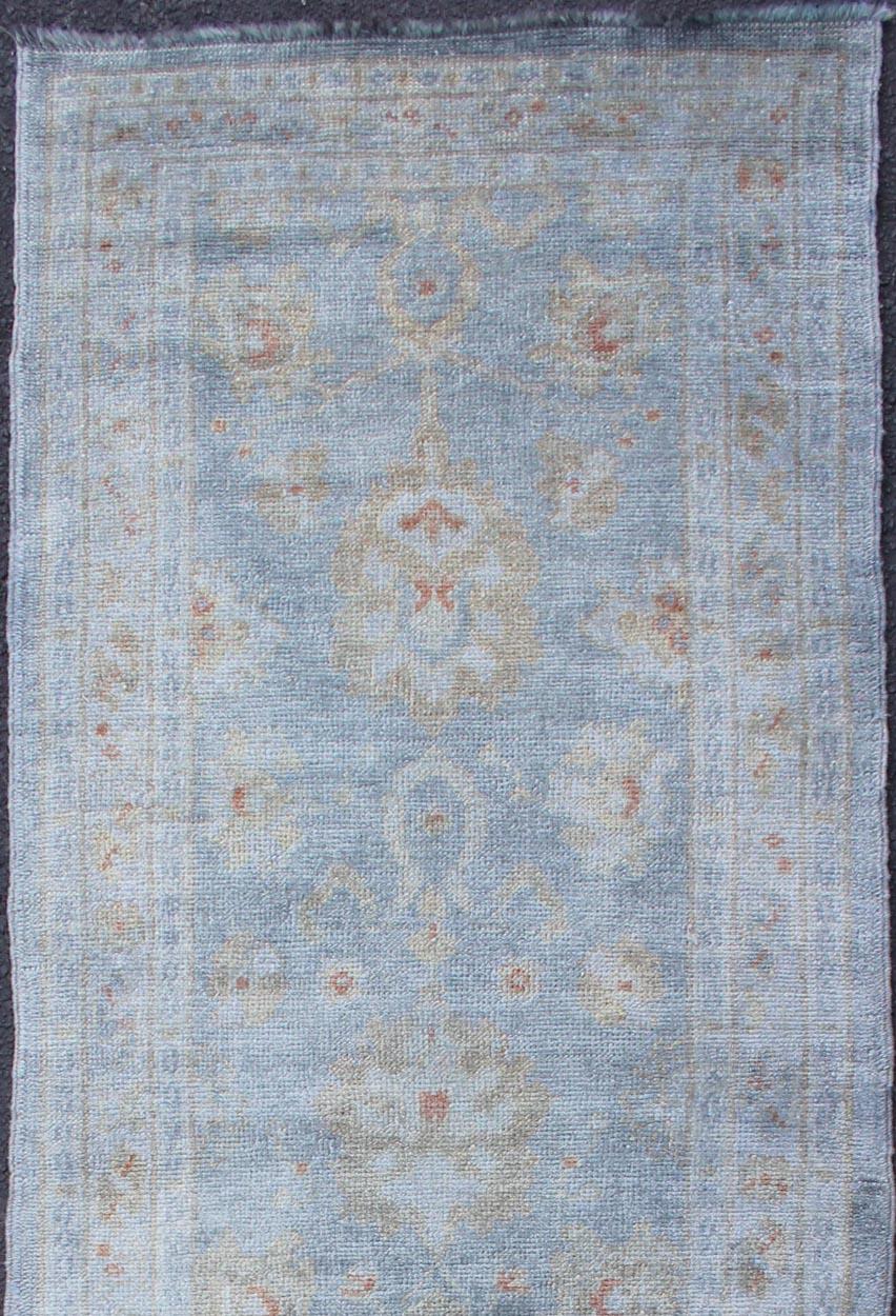 Hand-Knotted Vintage Turkish Oushak Over-Dyed Runner in Gray-Blue