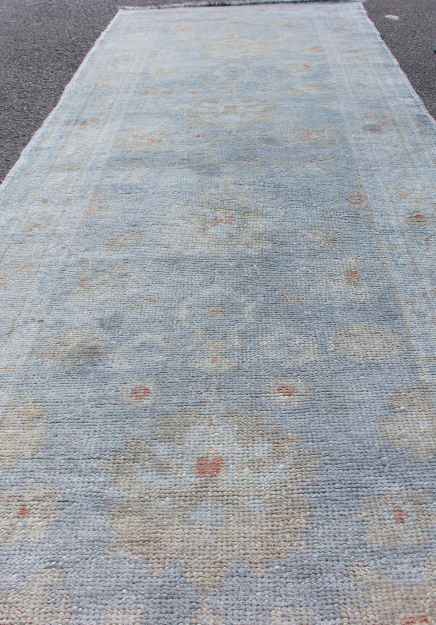 Contemporary Vintage Turkish Oushak Over-Dyed Runner in Gray-Blue