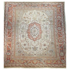Vintage Turkish Oushak Oversize Rug, Wool Pile, Geometric Medallion, 1900s