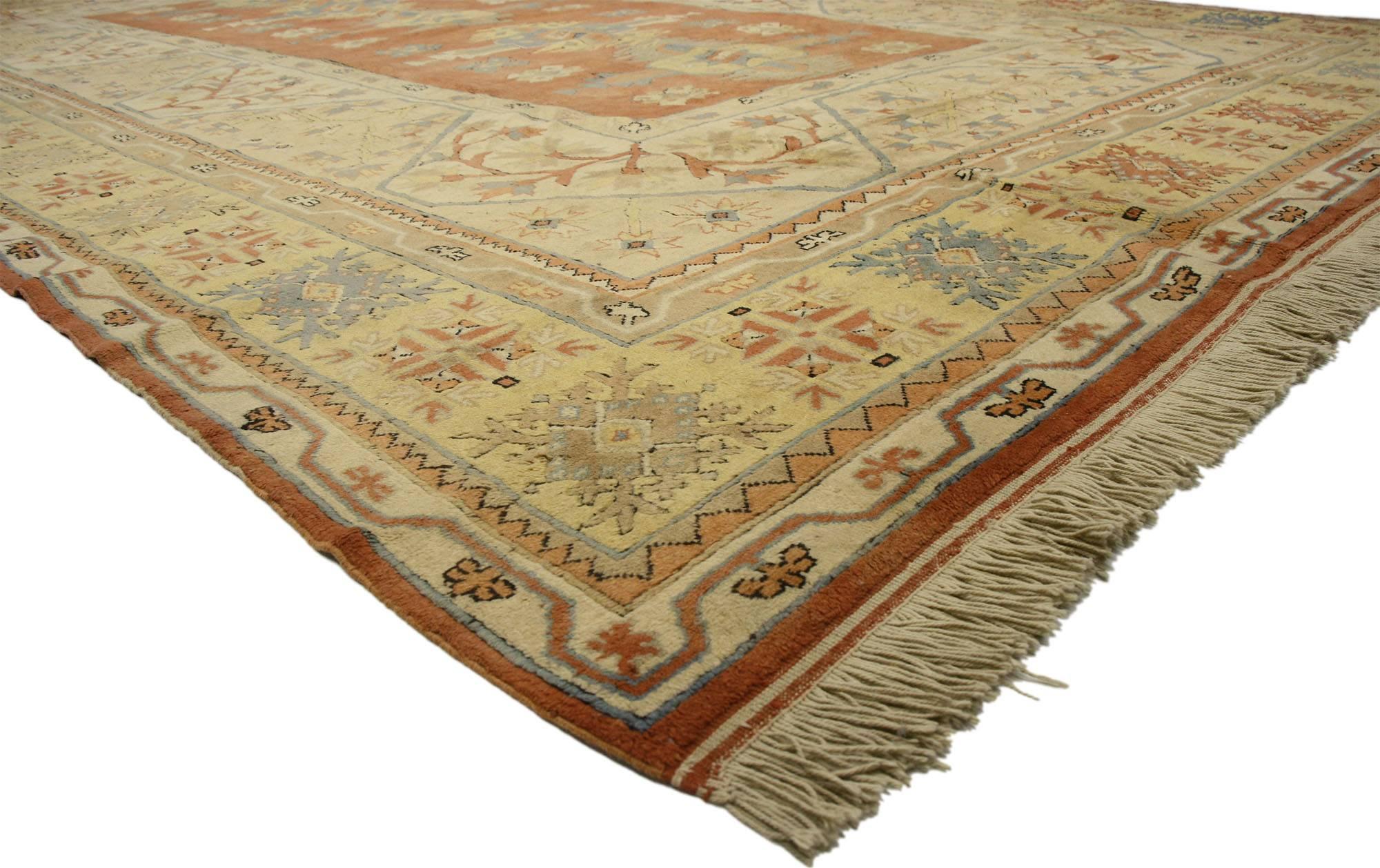 77123, vintage Turkish Oushak Palace size rug with Biophilia Artisan and Mid-Century Modern style. With architectural biophilia elements combined naturalistic forms, this hand knotted wool vintage Turkish Oushak rug embodies a rustic Artisan