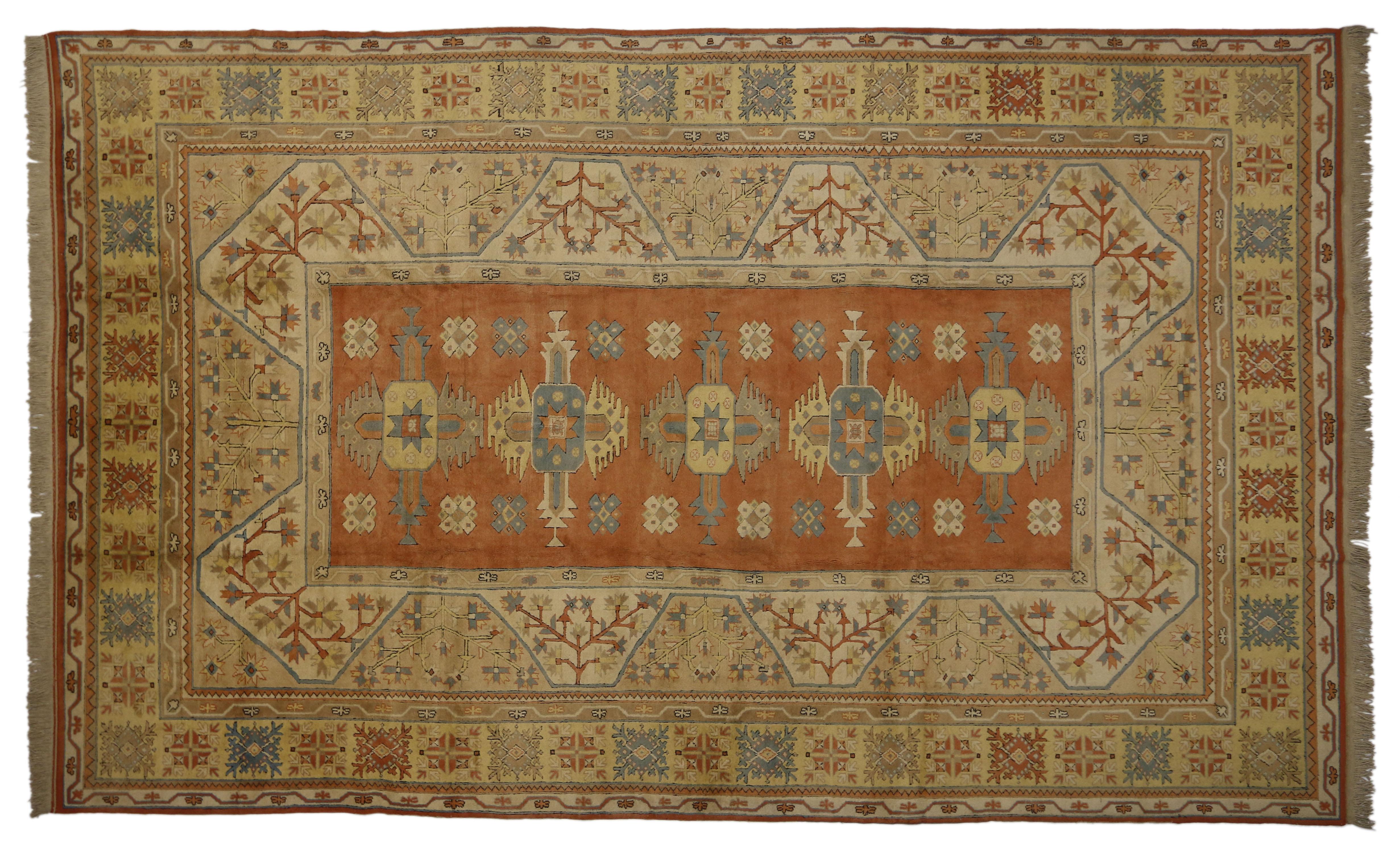 Mid-Century Modern Vintage Turkish Oushak Palace Size Rug with Biophilia Artisan and MCM Style For Sale