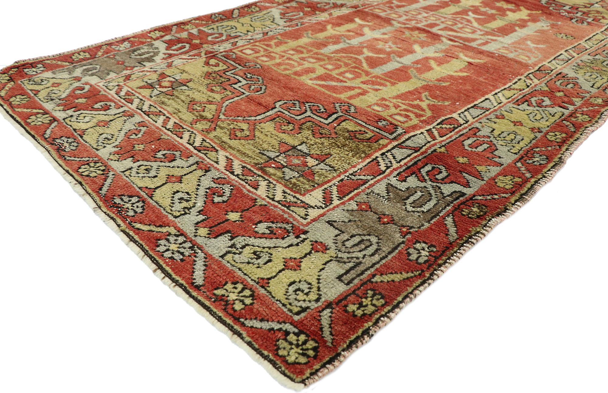 52700, vintage Turkish Oushak Prayer rug, Anatolian Prayer rug. Immersed in Anatolian history and refined colors, this hand knotted wool vintage Turkish prayer rug combines simplicity with sophistication. It features a double compartment each