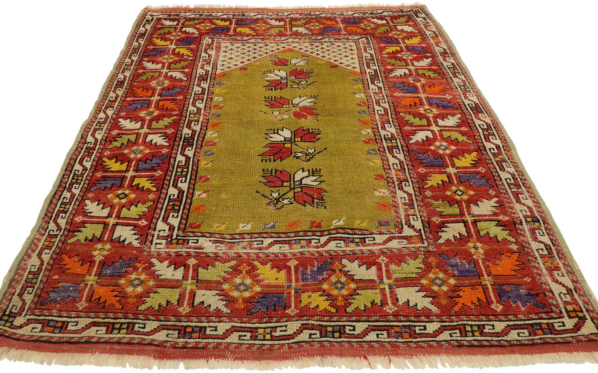Hand-Knotted Vintage Turkish Oushak Prayer Rug with Craftsman Style