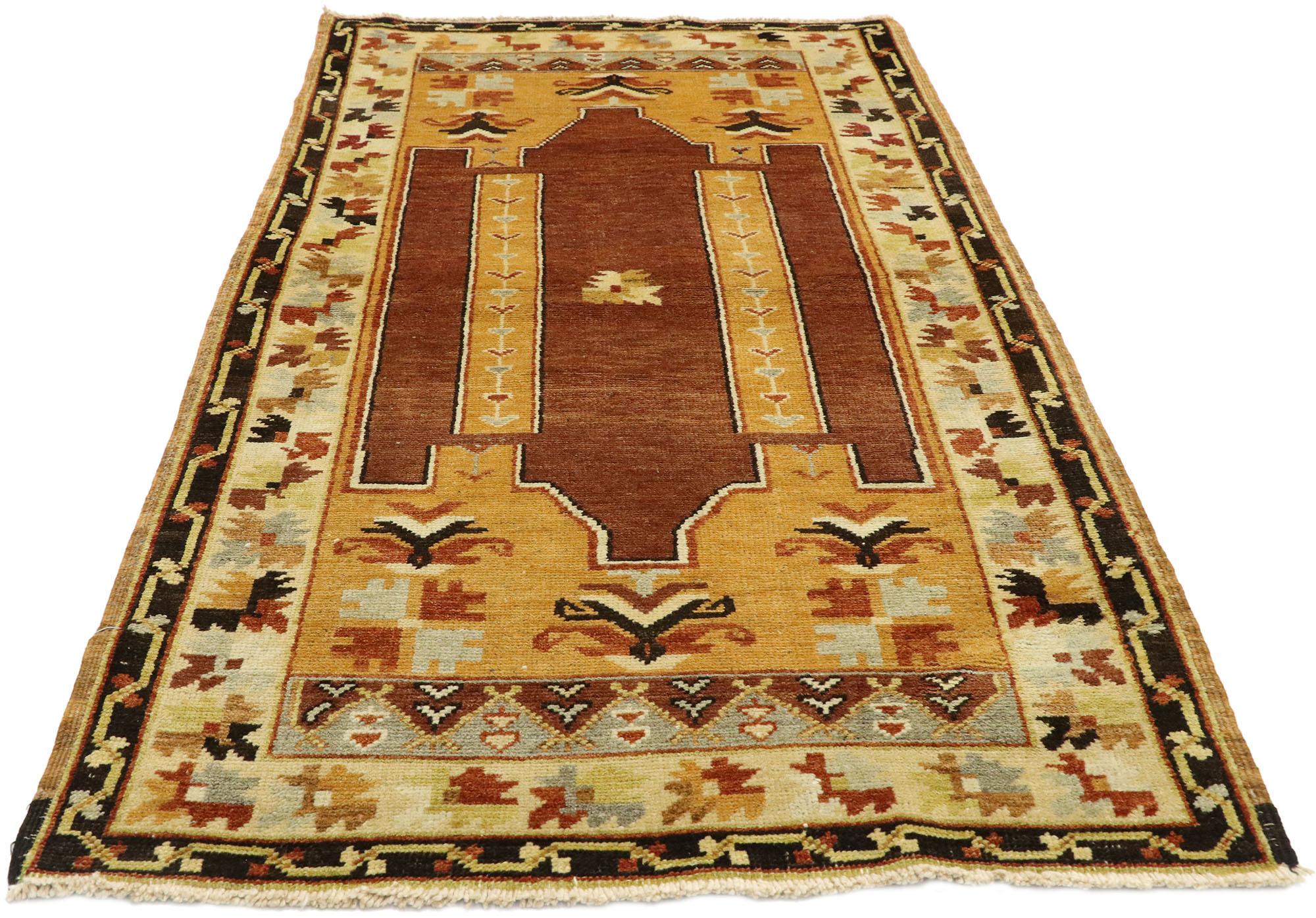 Hand-Knotted Vintage Turkish Oushak Prayer Rug with Mid-Century Modern Style For Sale