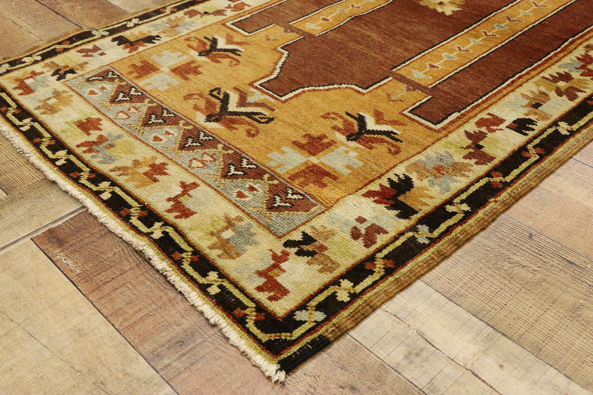 Wool Vintage Turkish Oushak Prayer Rug with Mid-Century Modern Style For Sale