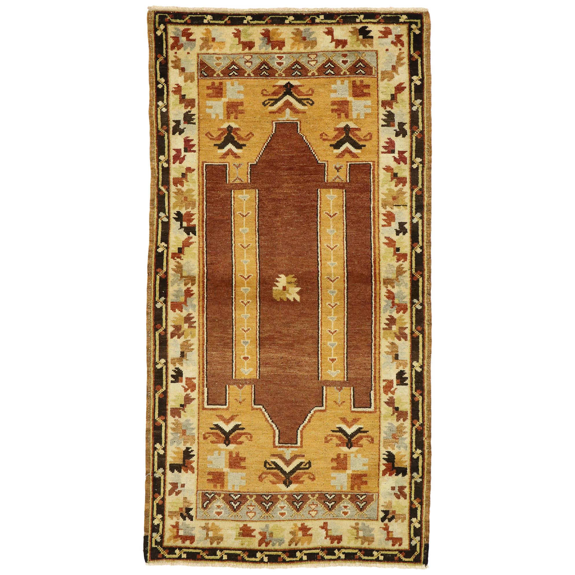 Vintage Turkish Oushak Prayer Rug with Mid-Century Modern Style