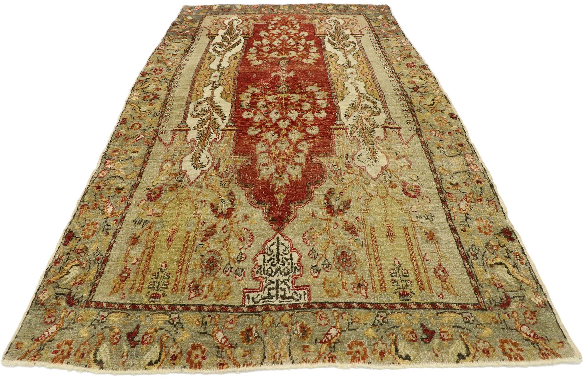 Hand-Knotted Vintage Turkish Oushak Prayer Rug with Rustic Tuscan Style For Sale