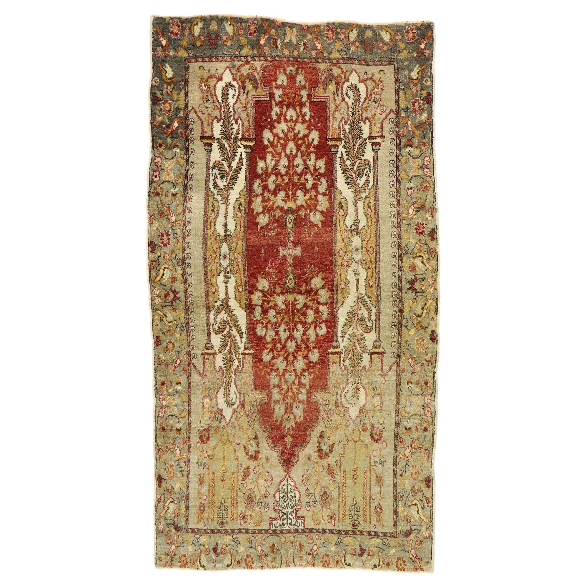 Vintage Turkish Oushak Prayer Rug with Rustic Tuscan Style For Sale