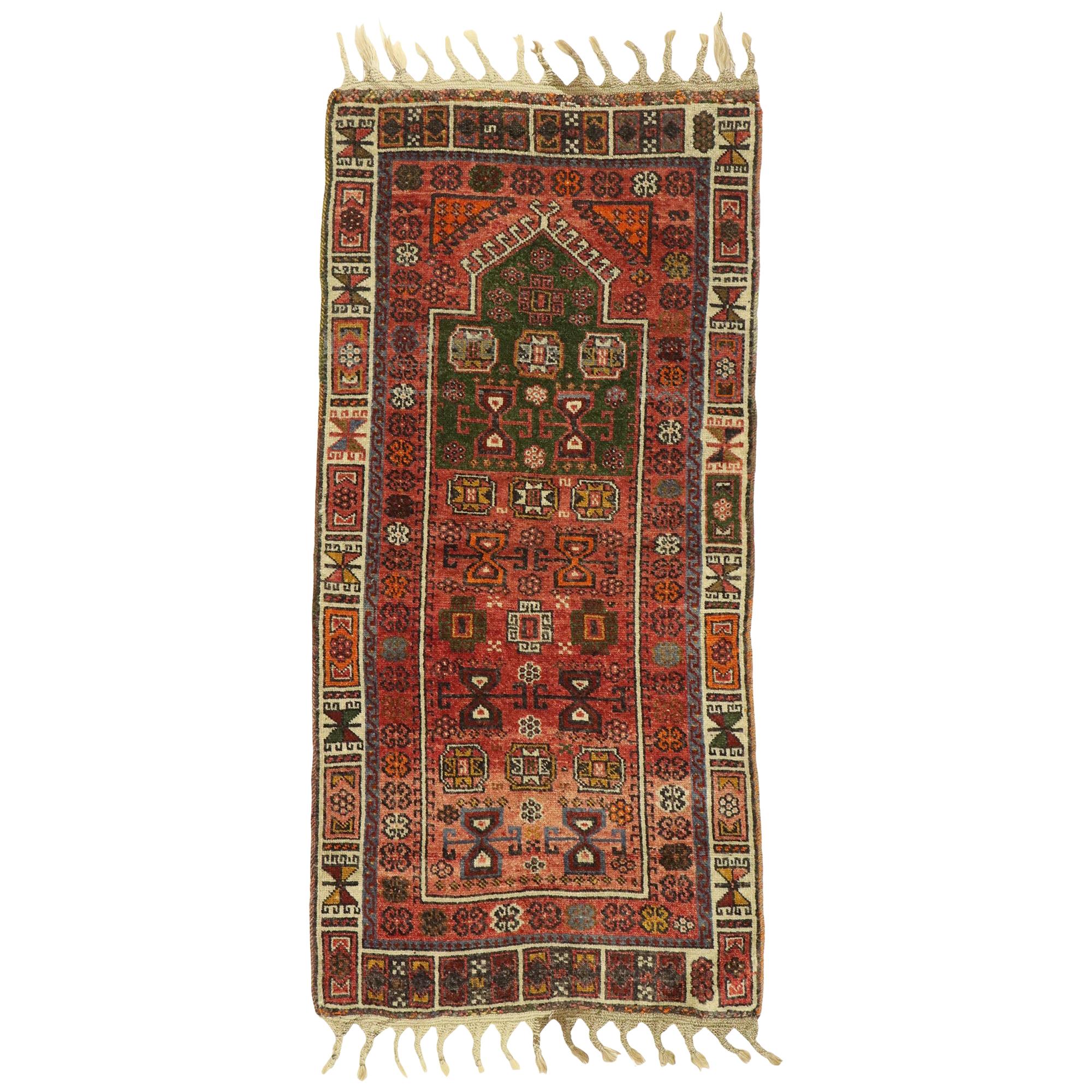 Vintage Turkish Oushak Prayer Rug with Tribal Folk Art Charm