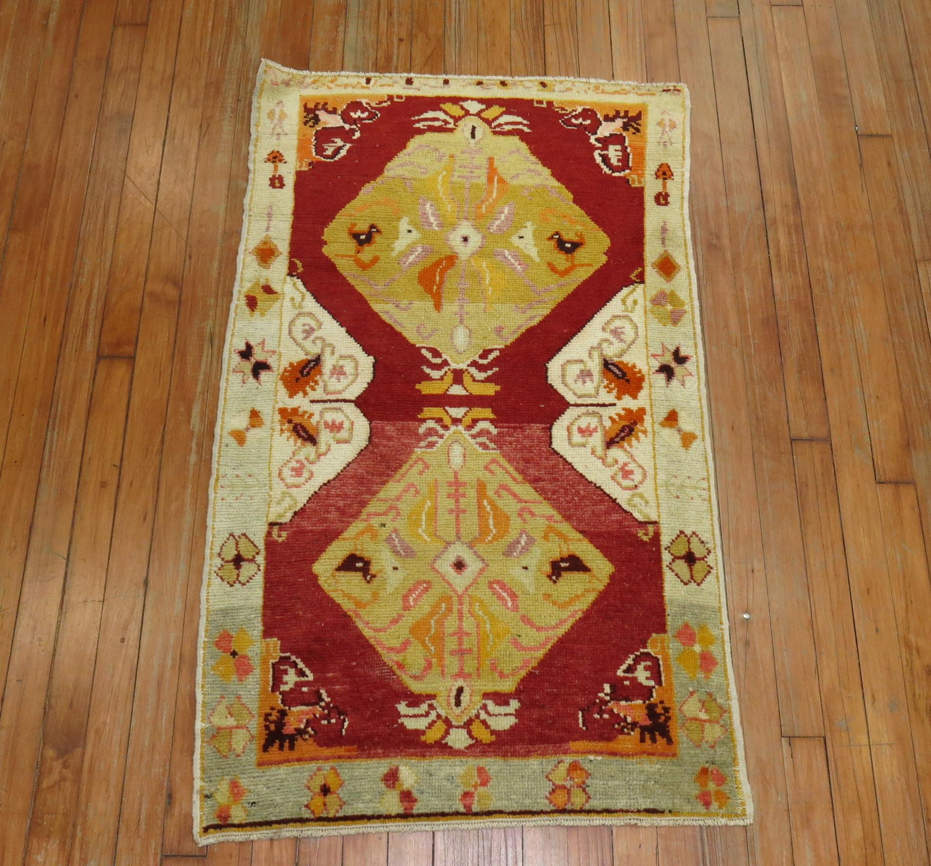 Bohemian Vintage Turkish Oushak Red Field Scatter Rug For Sale