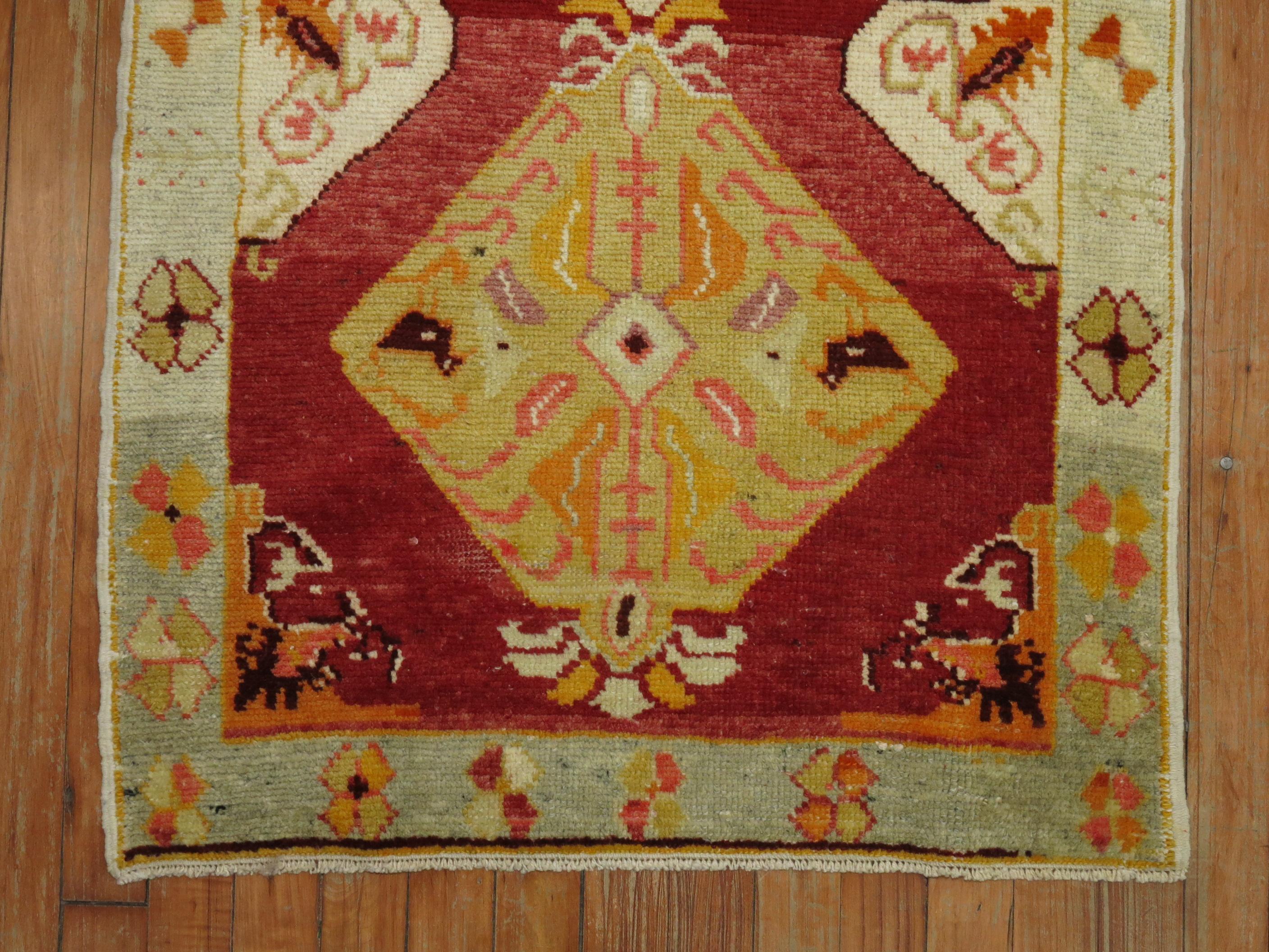Hand-Woven Vintage Turkish Oushak Red Field Scatter Rug For Sale