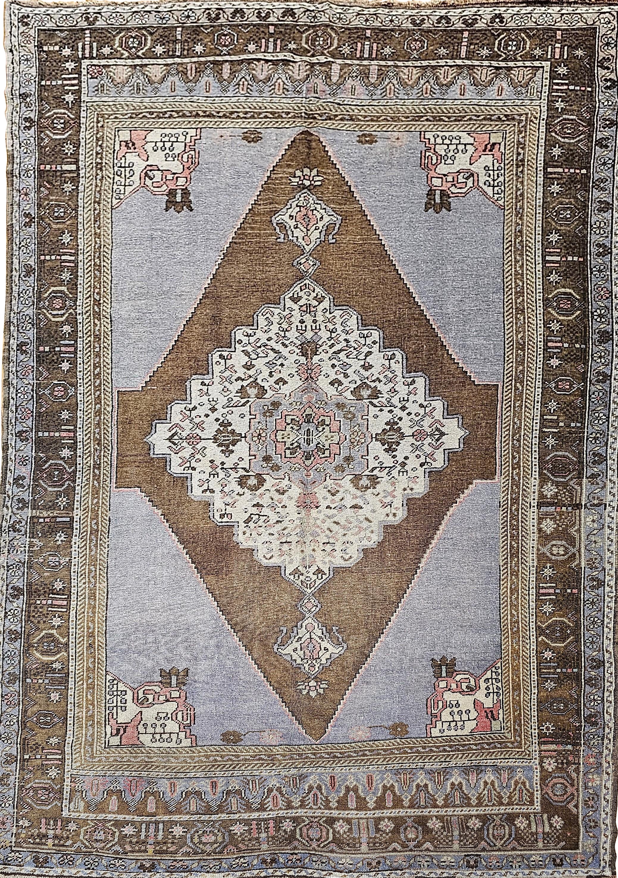 Vintage Turkish Oushak Rug, Hand-Knotted, Geometric Design, Pale Blue, 7' x 10'
