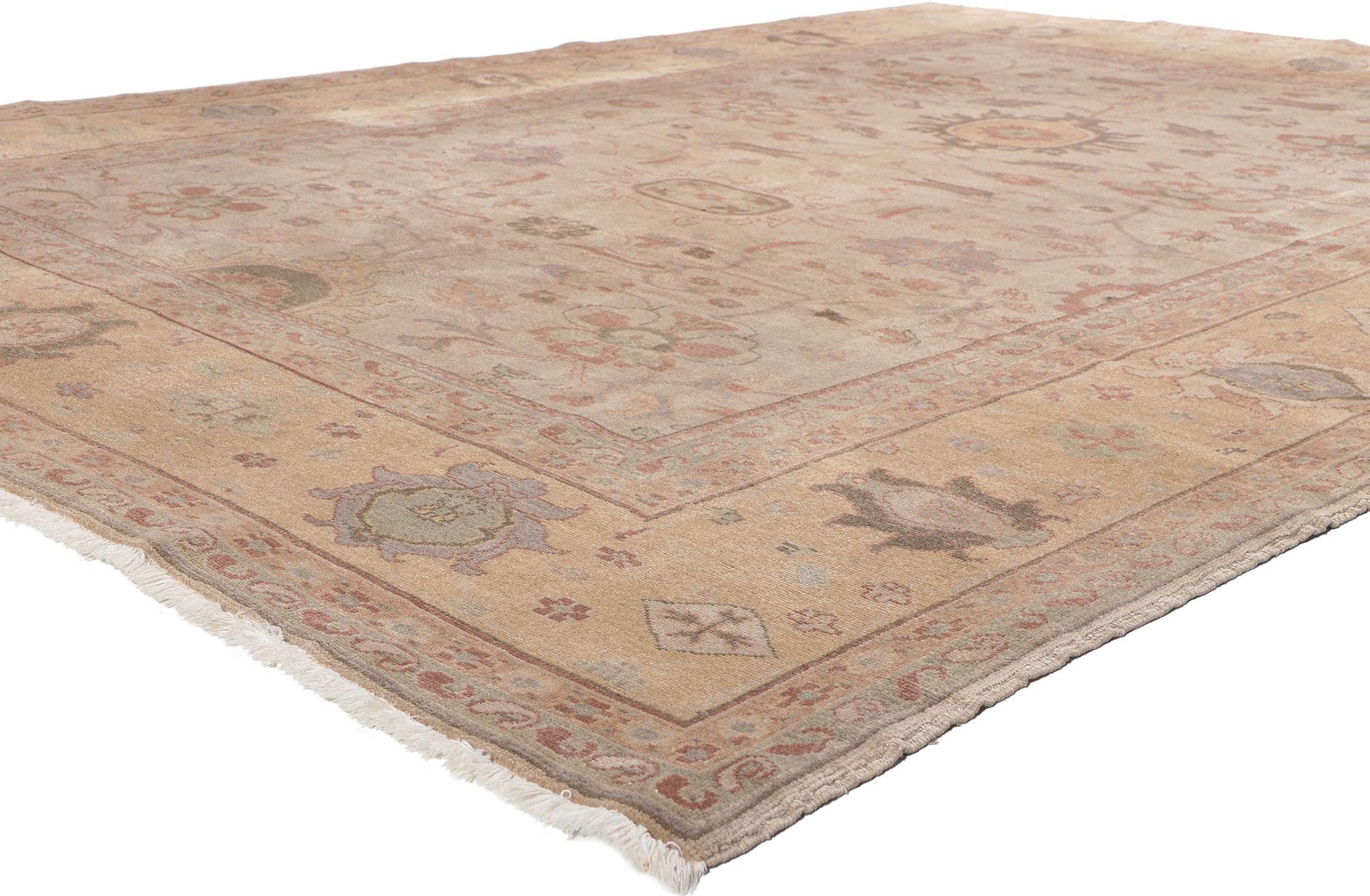 78674 Vintage Turkish Oushak Rug, 08'00 x 10'05. In a harmonious fusion of timeless elegance and biophilic allure, this hand-knotted wool vintage Turkish Oushak rug unveils a captivating narrative inspired by the organic beauty of Tuscan hillsides
