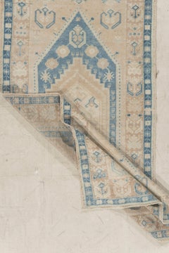 Vintage Turkish Beige Blue Hand Knotted Oushak Rug