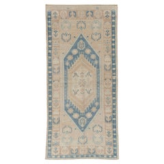 Vintage Turkish Beige Blue Hand Knotted Oushak Rug