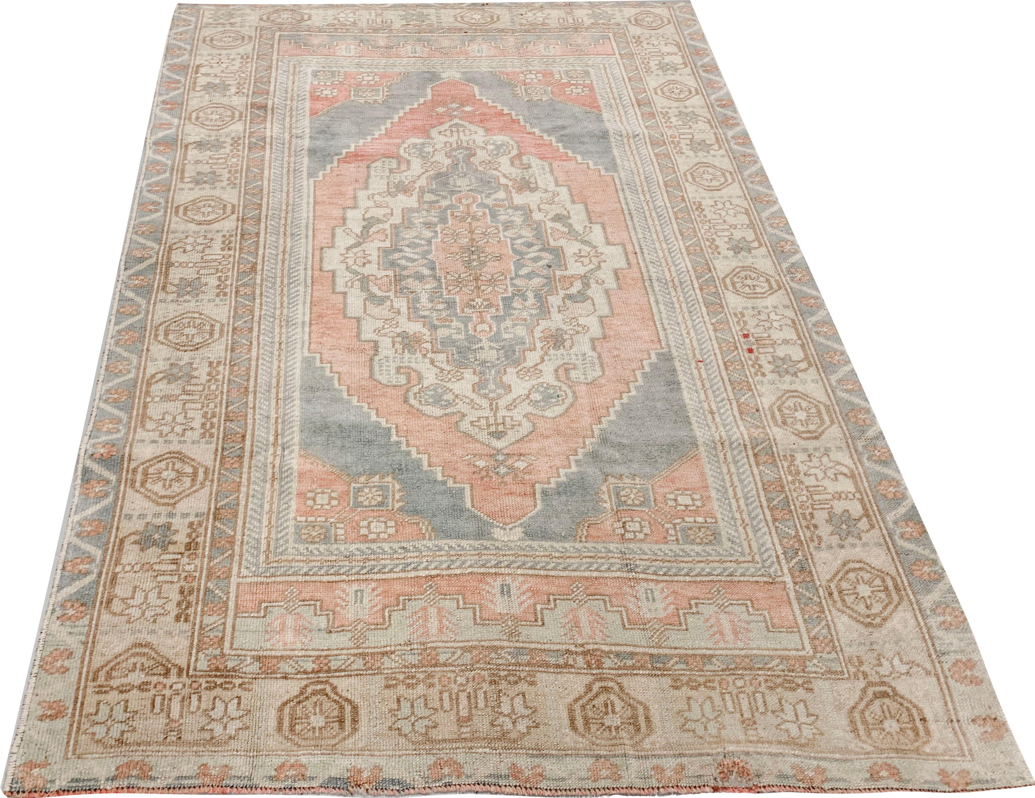 Hand-Knotted Vintage Turkish Blue Red Hand Knotted Oushak Rug For Sale