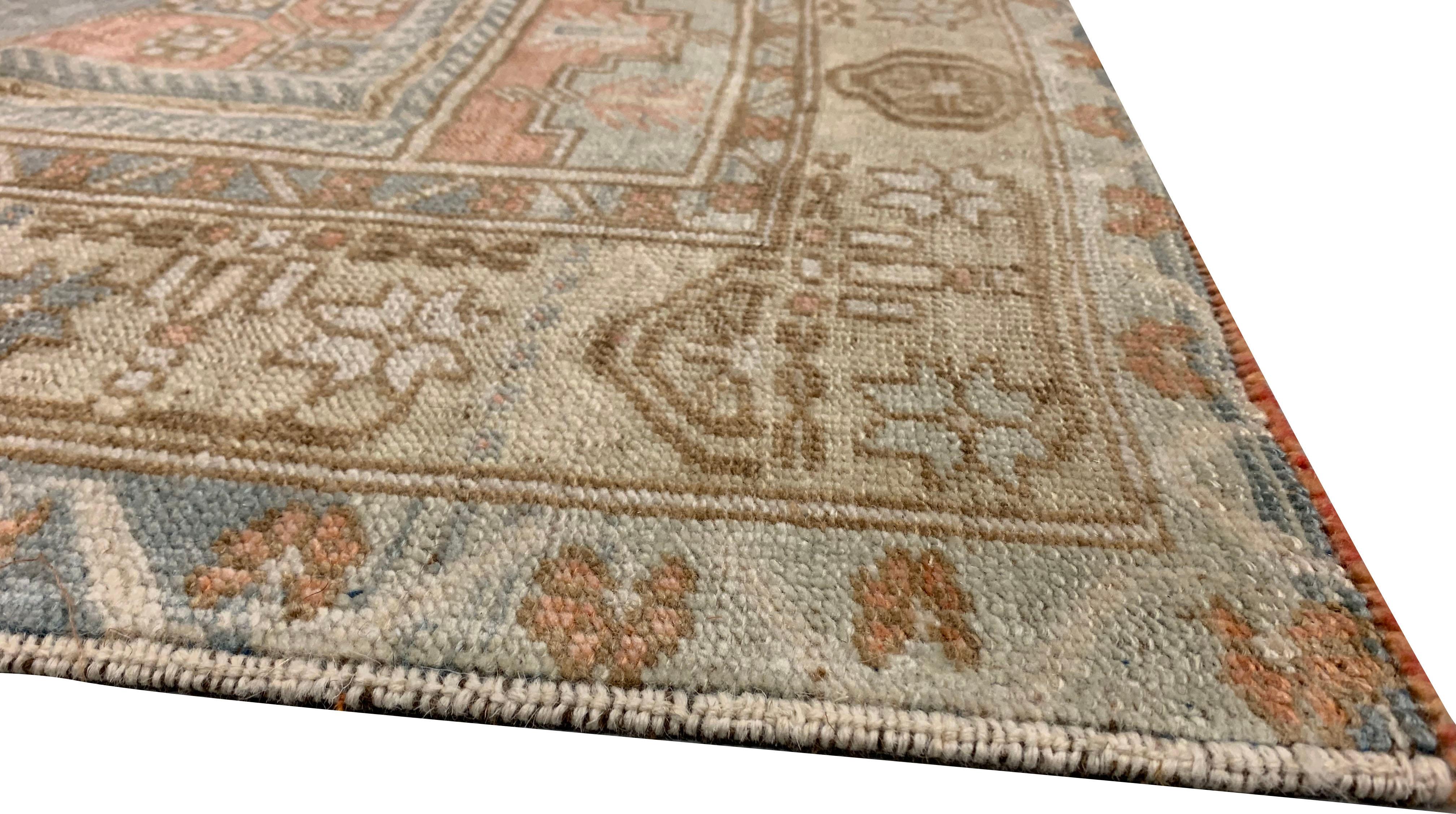 20th Century Vintage Turkish Blue Red Hand Knotted Oushak Rug For Sale