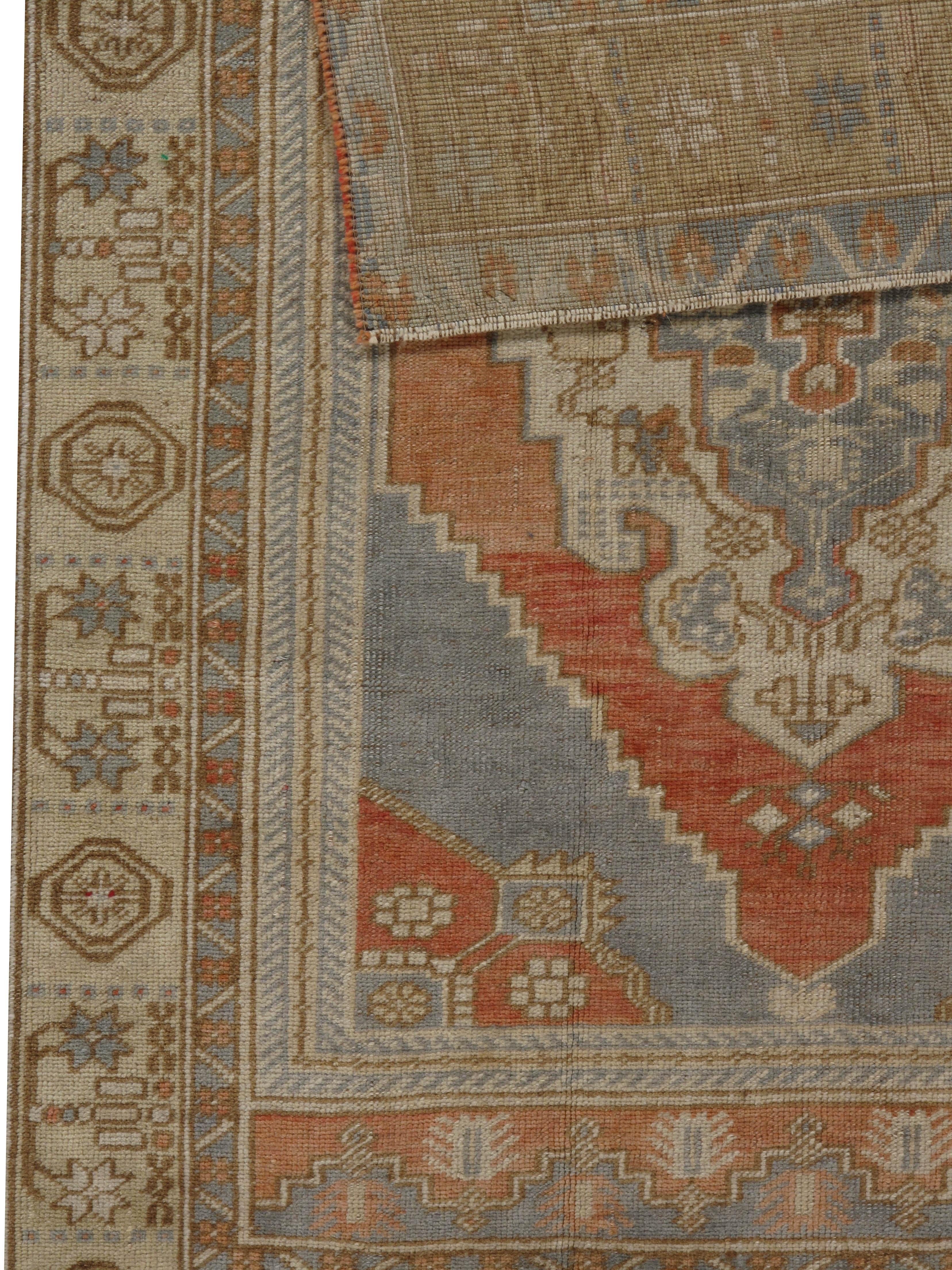 Wool Vintage Turkish Blue Red Hand Knotted Oushak Rug For Sale