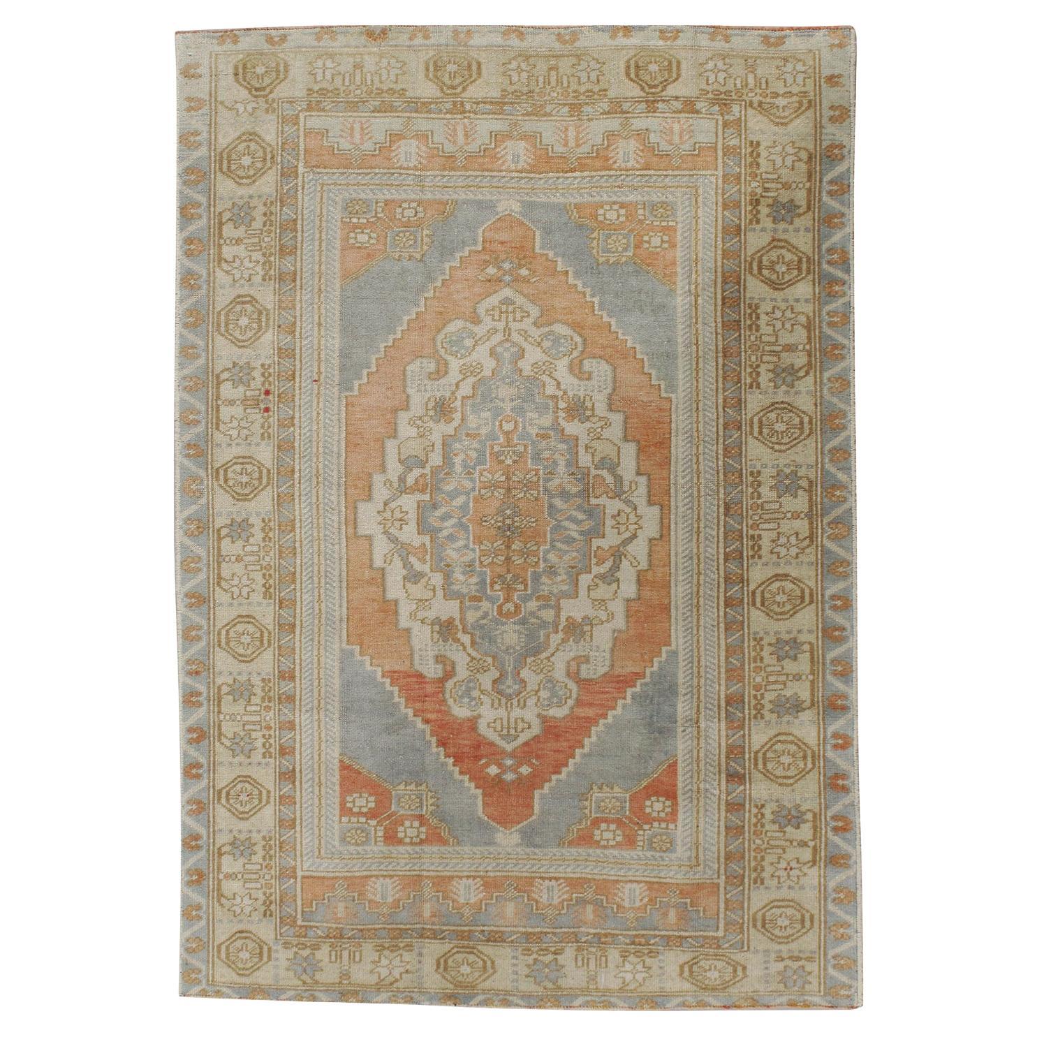 Vintage Turkish Blue Red Hand Knotted Oushak Rug For Sale
