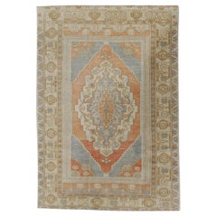 Vintage Turkish Blue Red Hand Knotted Oushak Rug
