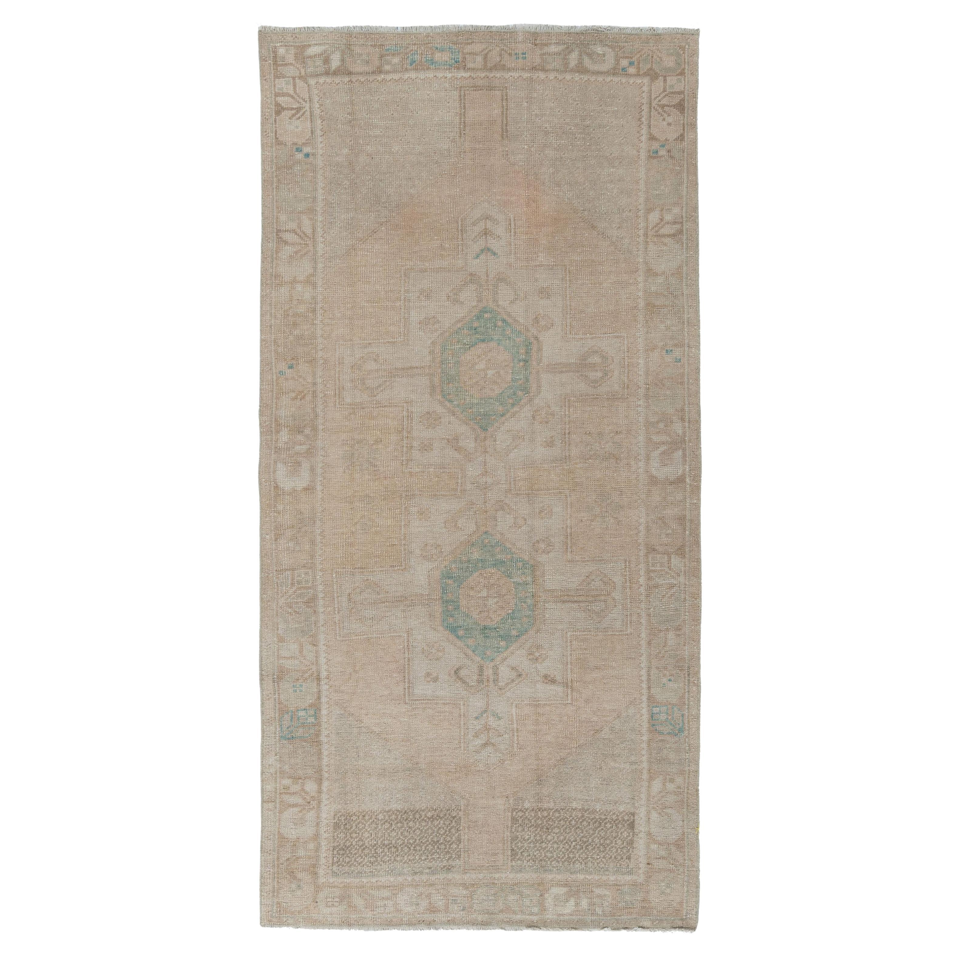 Vintage Turkish Beige Brown Hand Knotted Wool Oushak Rug