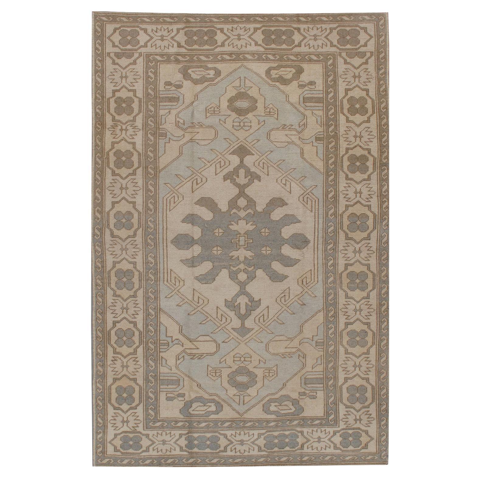 Vintage Subdued Ivory Blue Turkish Wool Hand Knots Rug Oushak