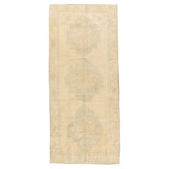 Vintage Turkish Oushak Rug, 5'1 x 12'2 Hand-Knotted Wool, Cream/Sage Green, 1950