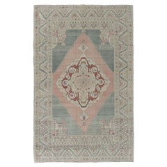 Vintage Turkish Green Rose Wool Hand Knotted Oushak Rug