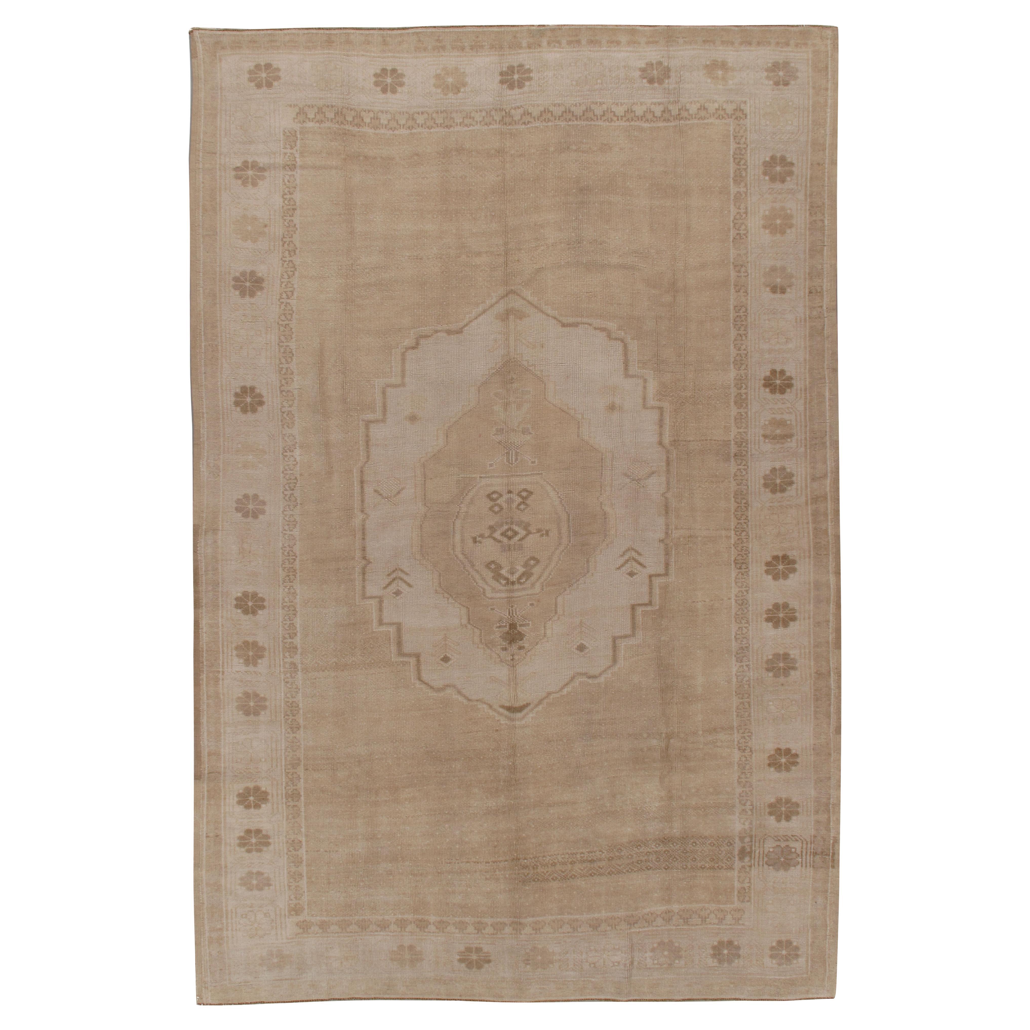 Vintage Subdued Ivory Brown Hand Knotted Wool Turkish Oushak Rug