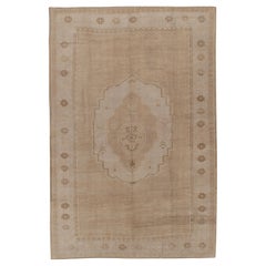 Vintage Subdued Ivory Brown Hand Knotted Wool Turkish Oushak Rug