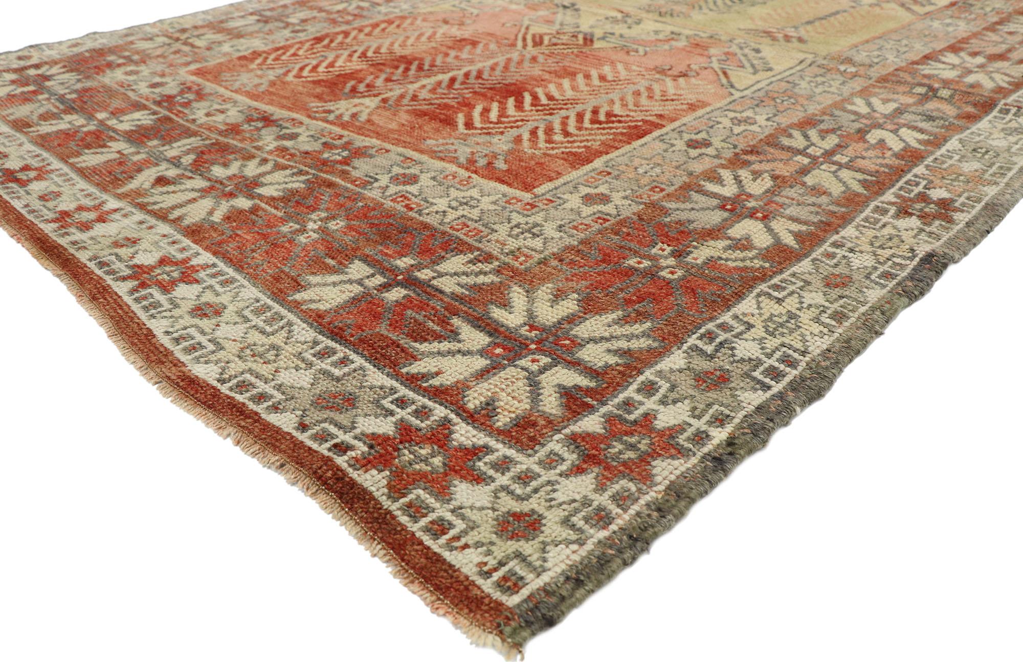 52755, vintage Turkish Oushak rug, Anatolian Prayer rug with modern rustic cabin style. Immersed in Anatolian history and refined colors, this hand knotted wool vintage Turkish prayer rug combines simplicity with sophistication. The vintage Turkish