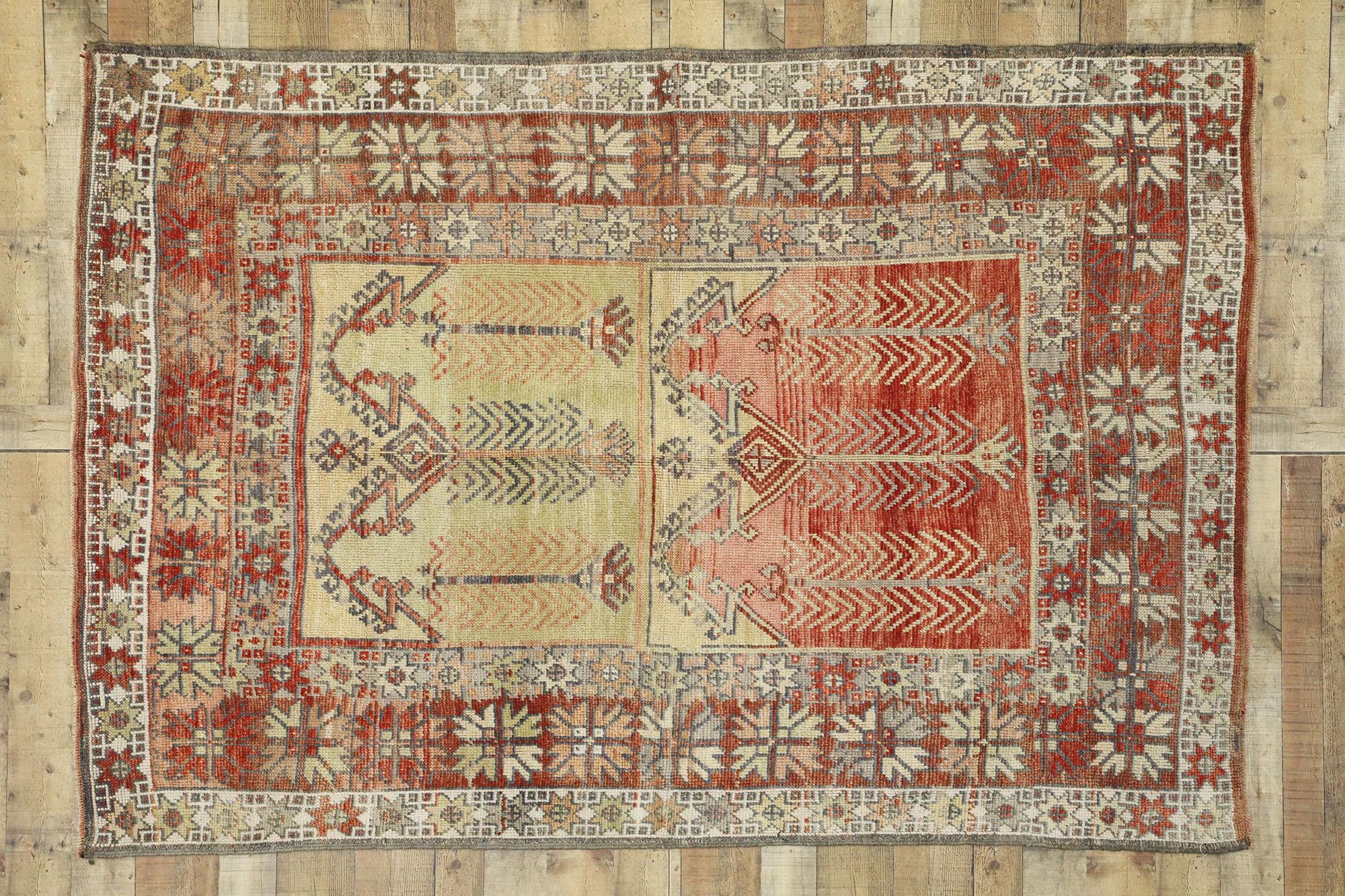 Vintage Turkish Oushak Rug, Anatolian Prayer Rug with Modern Rustic Cabin Style For Sale 1