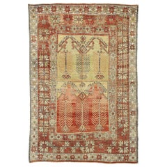 Retro Turkish Oushak Rug, Anatolian Prayer Rug with Modern Rustic Cabin Style