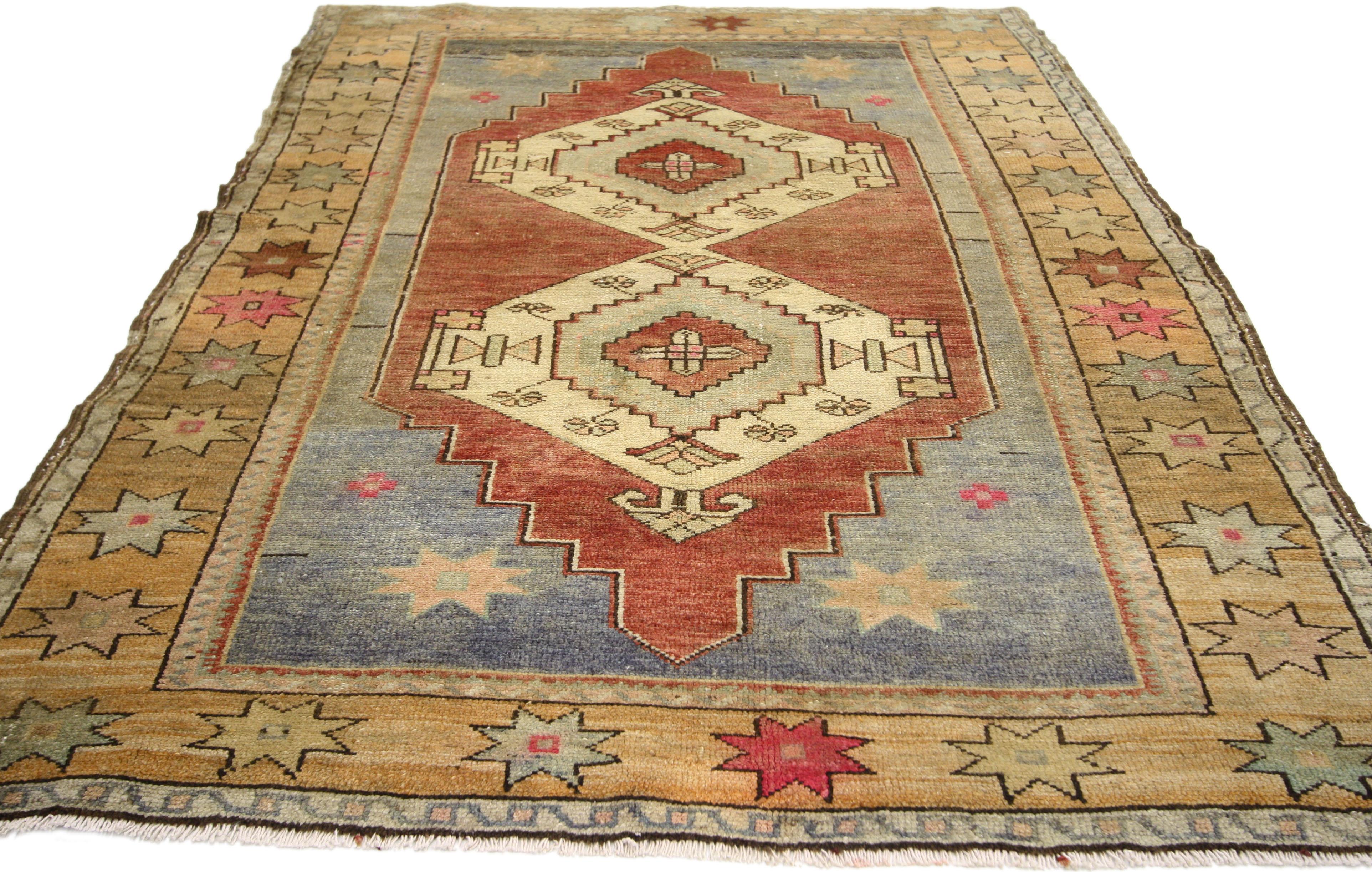 Hand-Knotted Vintage Turkish Oushak Rug Area Rug with Romantic Bohemian Style