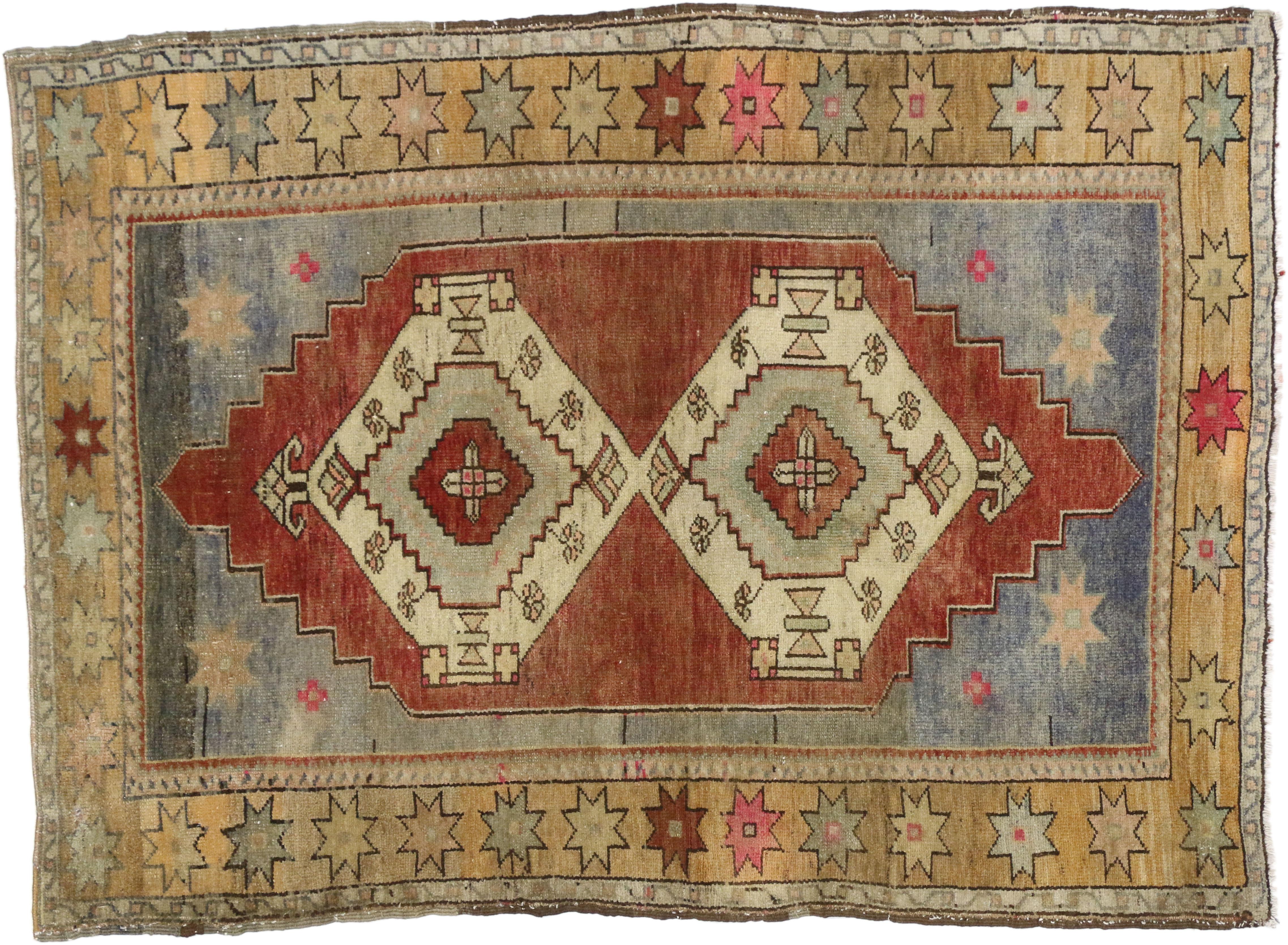 20th Century Vintage Turkish Oushak Rug Area Rug with Romantic Bohemian Style