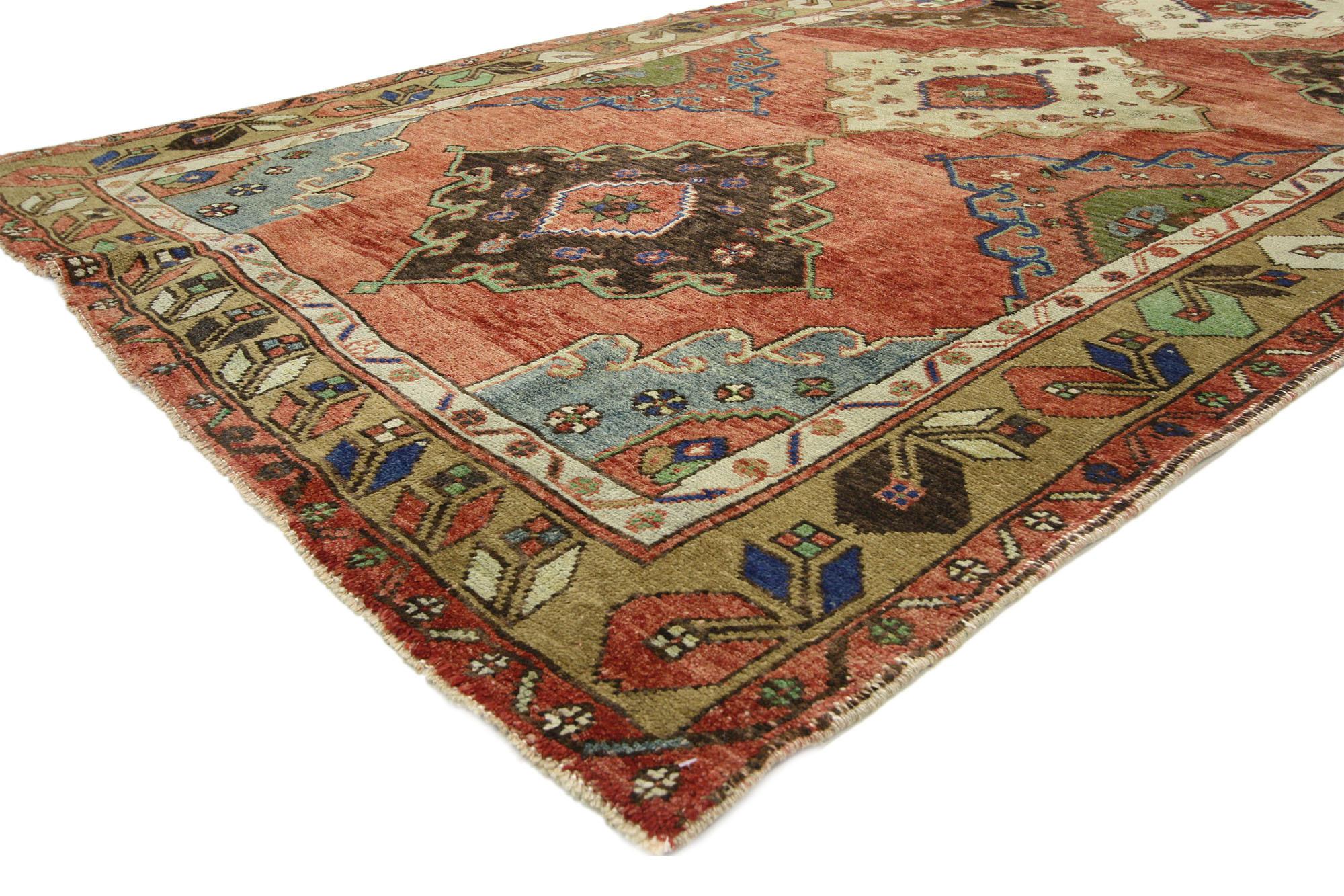 52416 Vintage Turkish Oushak Rug, 05'00 x 13'02. Exuding timeless elegance and intricate craftsmanship, this hand-knotted wool vintage Turkish Oushak rug runner boasts a mesmerizing array of captivating details. Five cusped medallions, each adorned